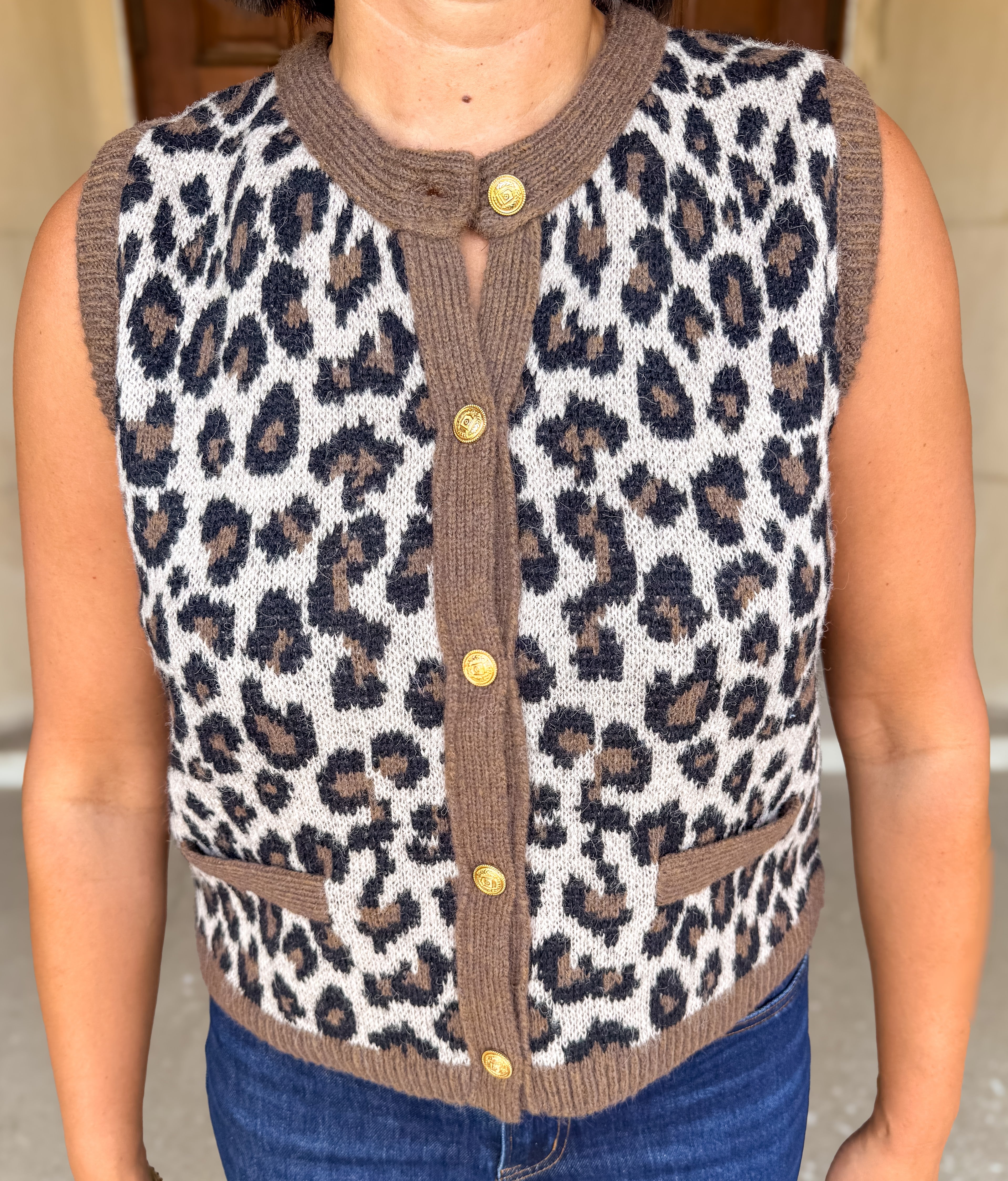 Mandy Leopard Button Sweater Vest