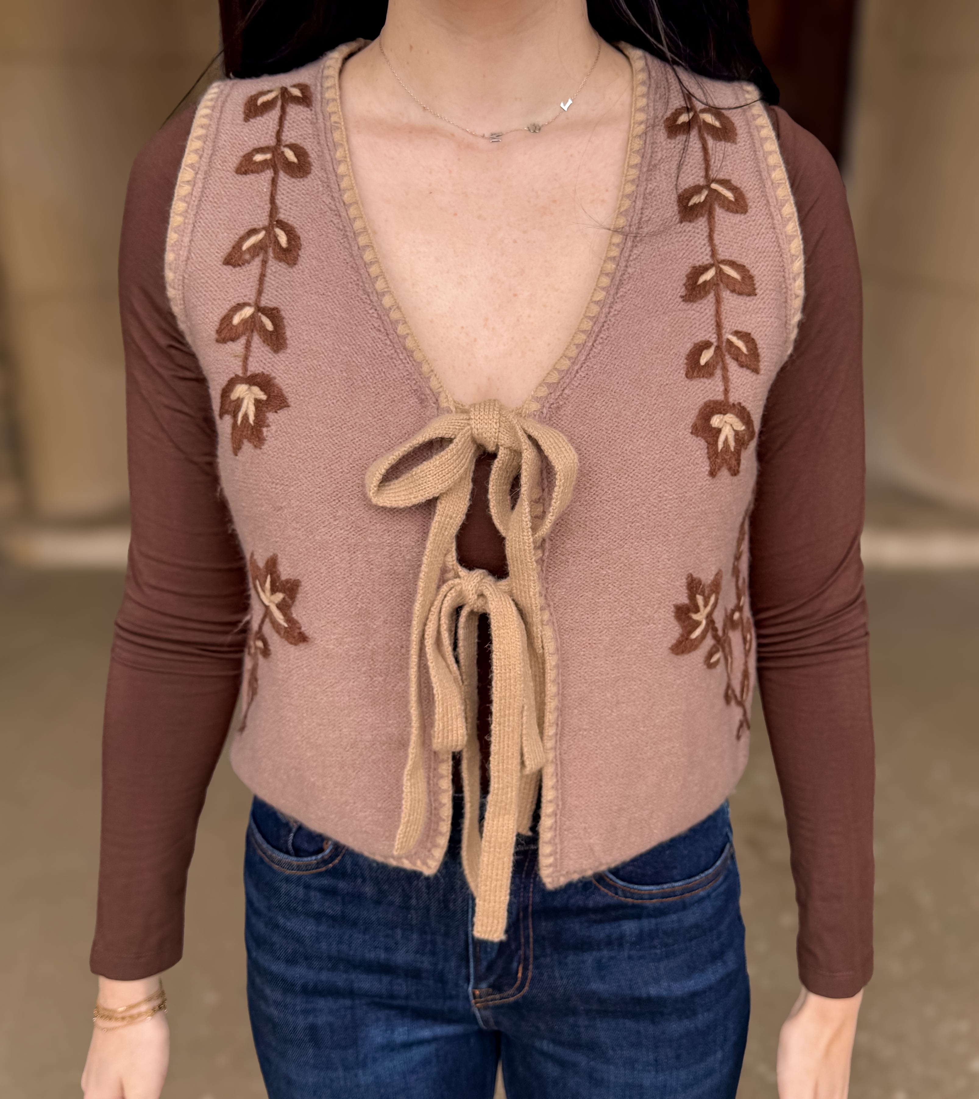 Muriel Embroidered Tie Sweater Vest