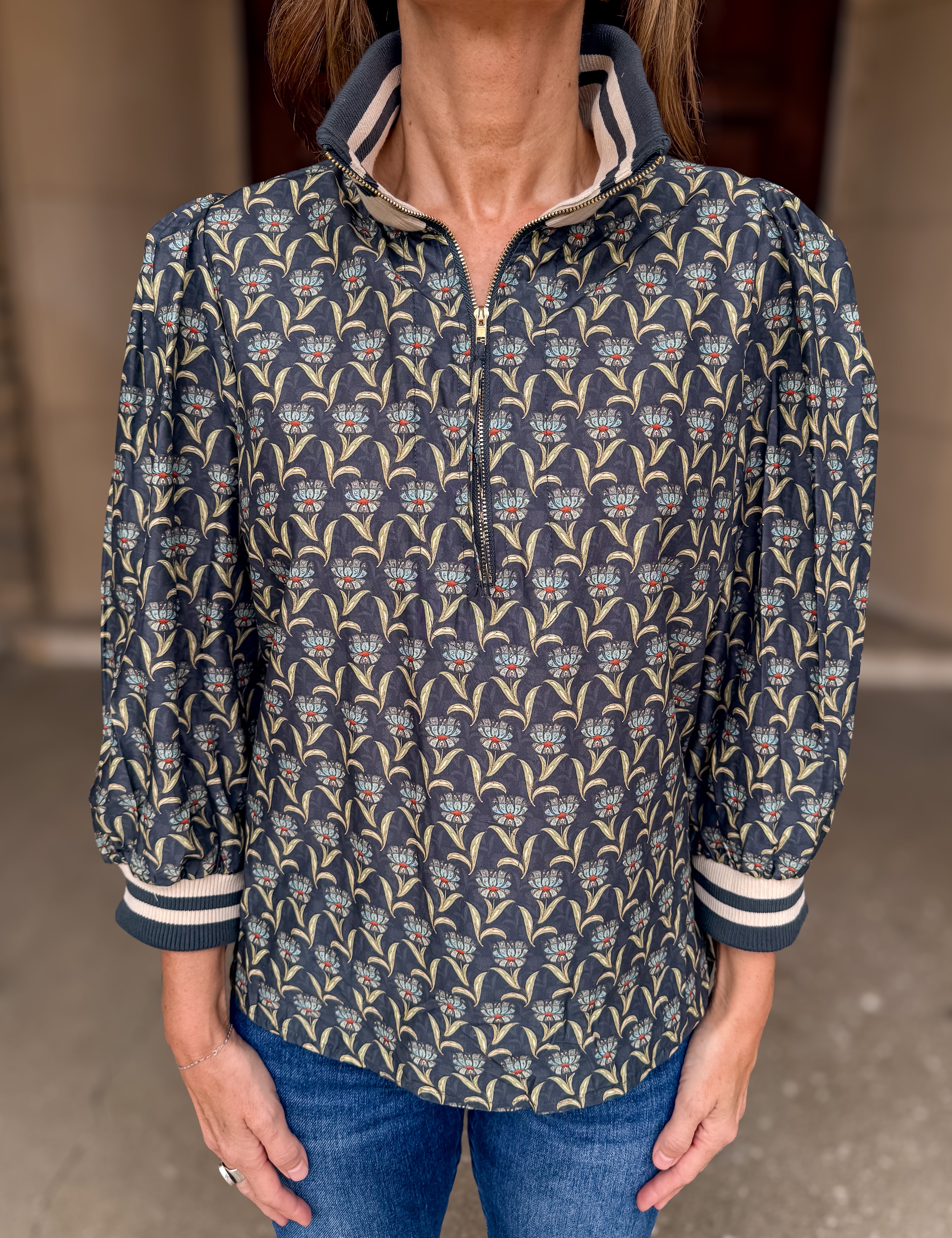 Courtlyn Flower Zip Collar Top