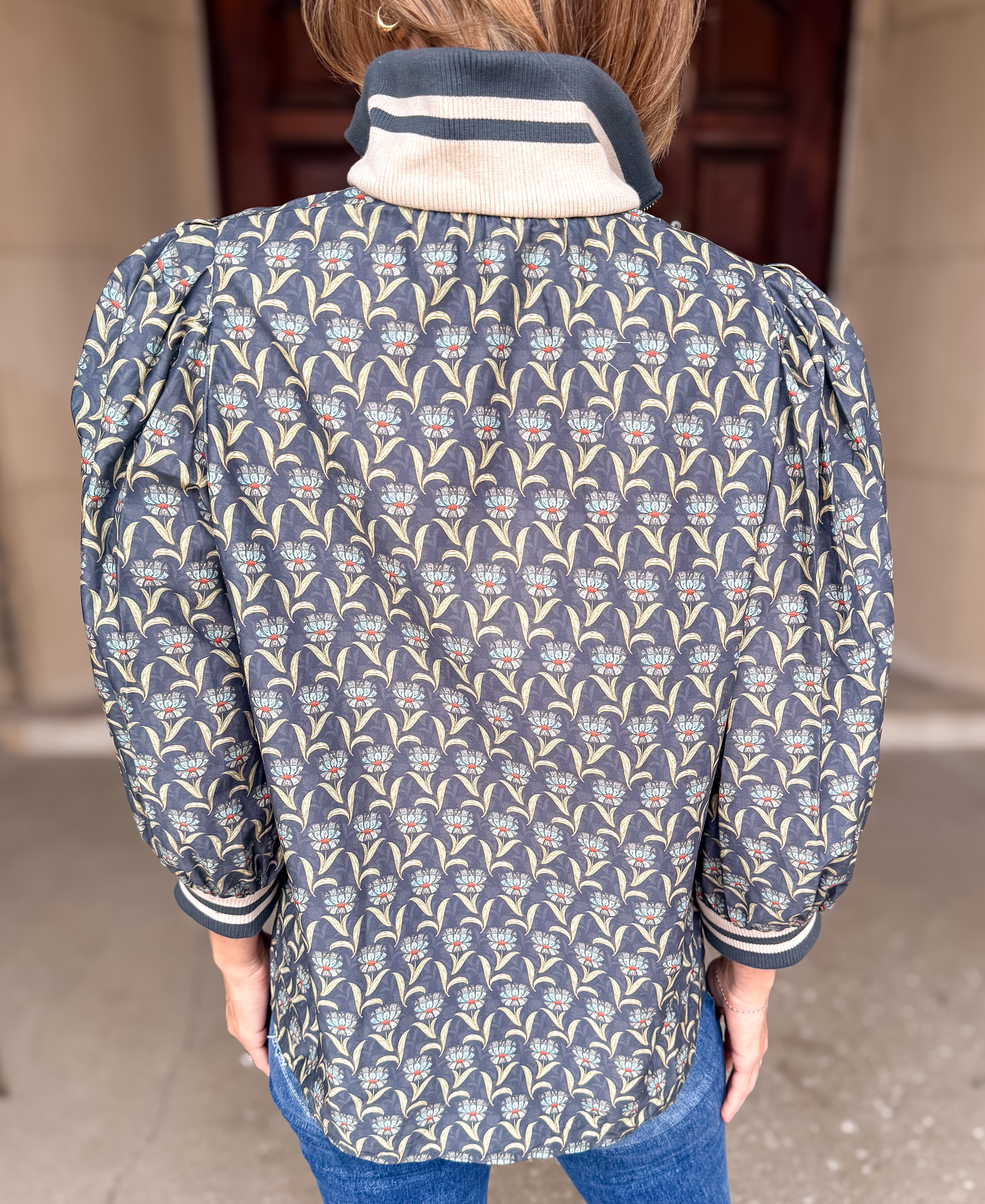 Courtlyn Flower Zip Collar Top