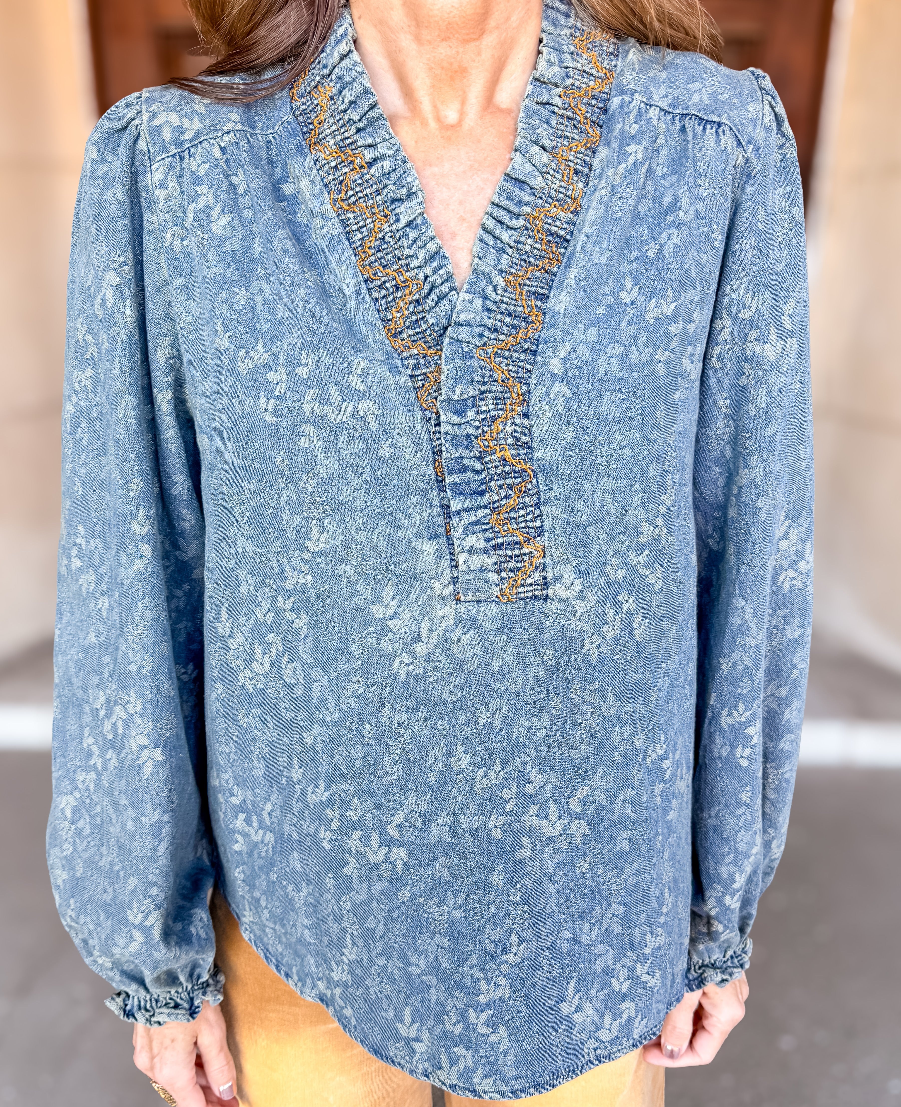 Ivy Floral Denim Smocked Ruffle Top