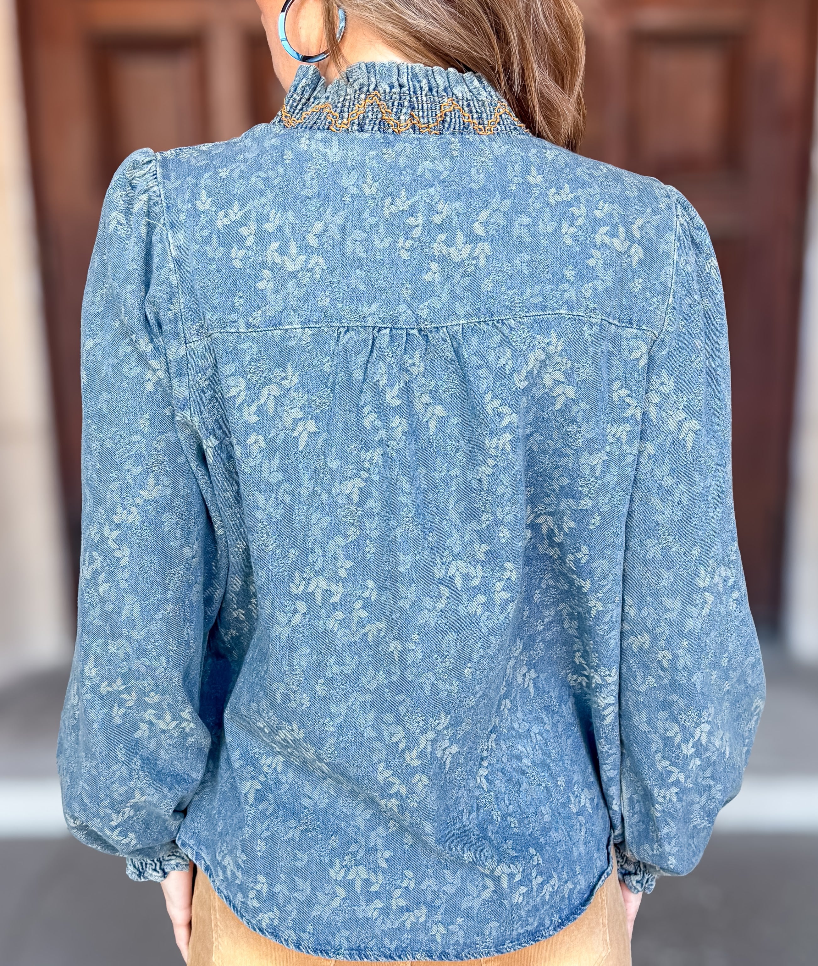 Ivy Floral Denim Smocked Ruffle Top