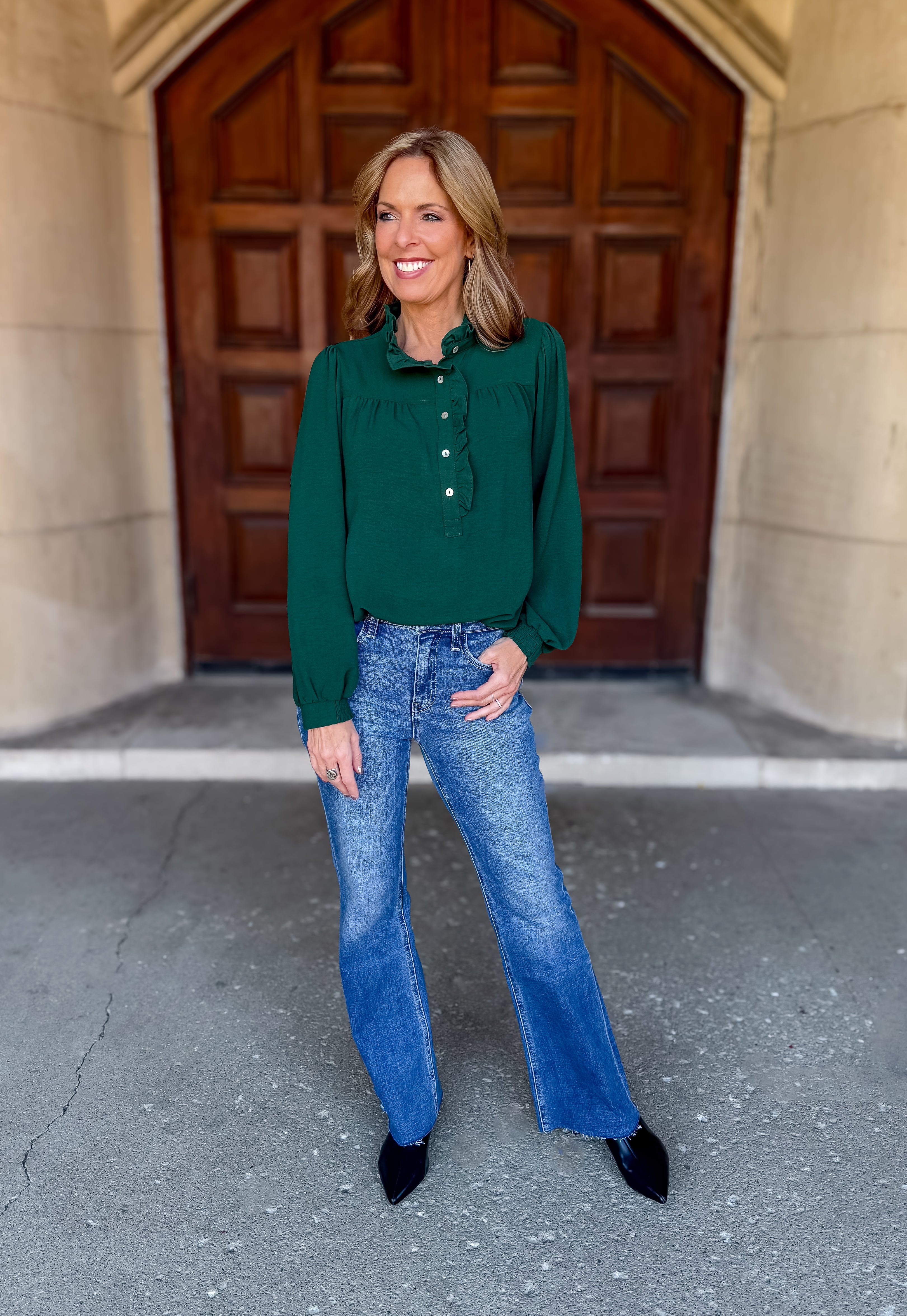 Demi Button Up Ruffle Trim Blouse