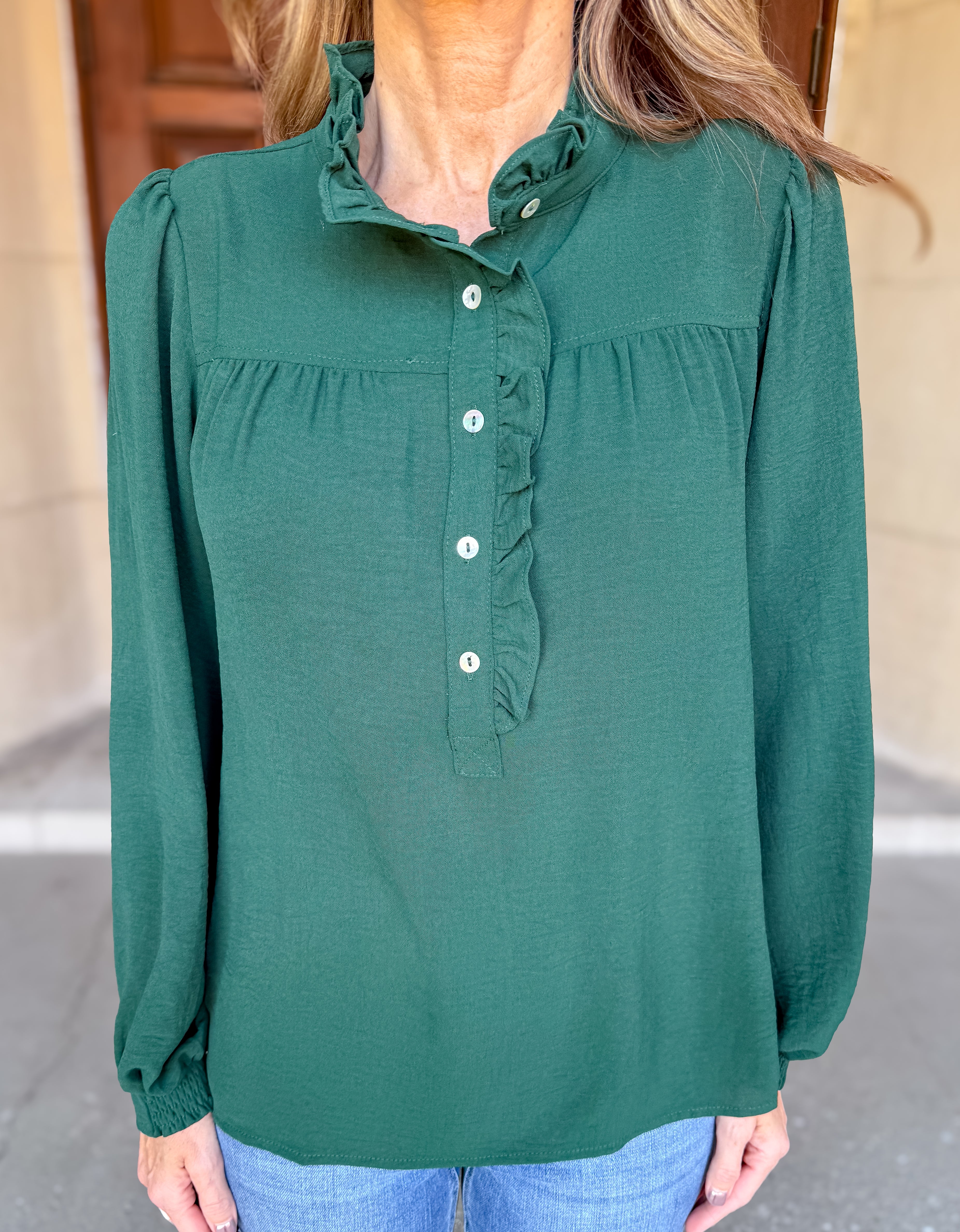 Demi Button Up Ruffle Trim Blouse
