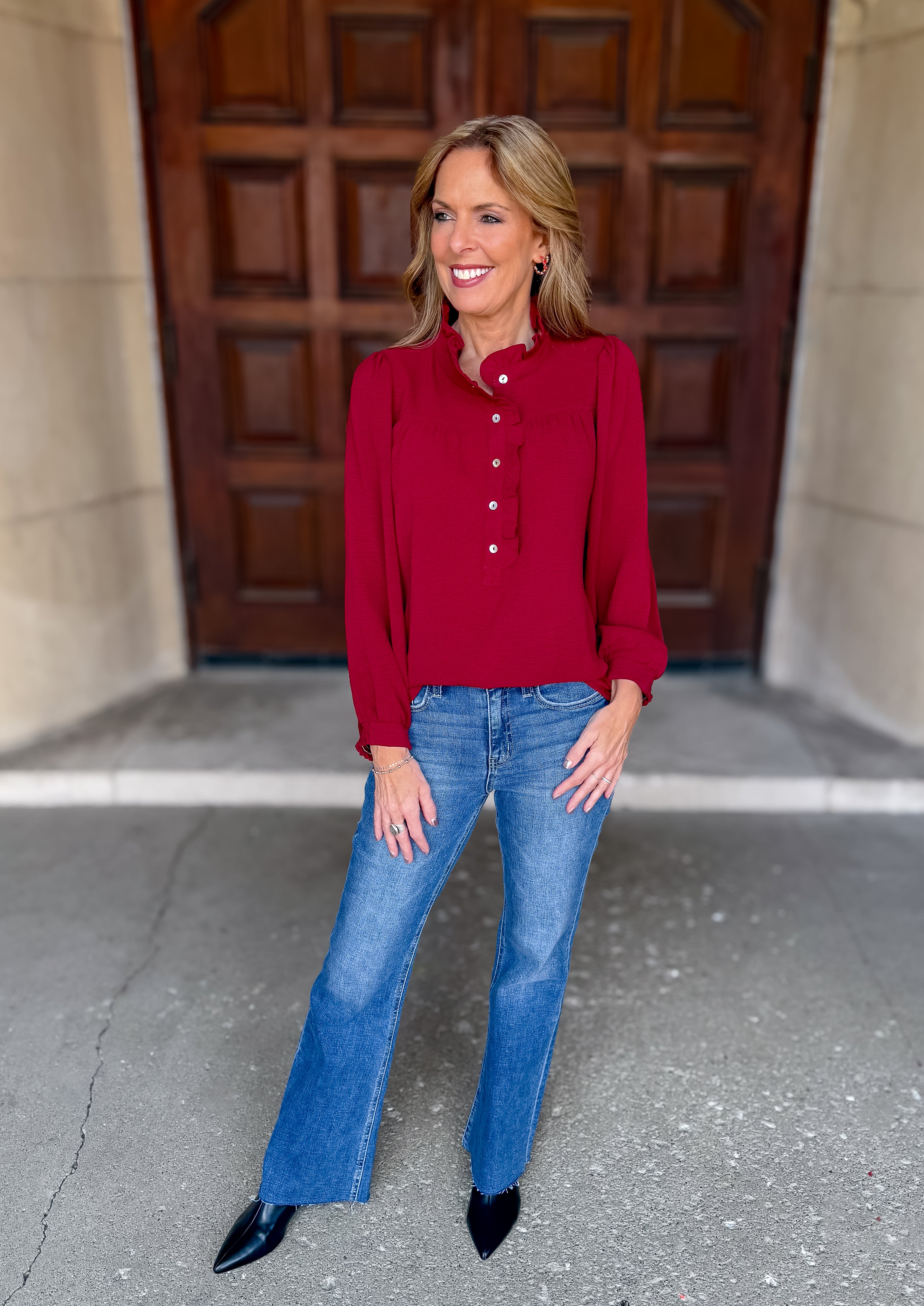 Demi Button Up Ruffle Trim Blouse