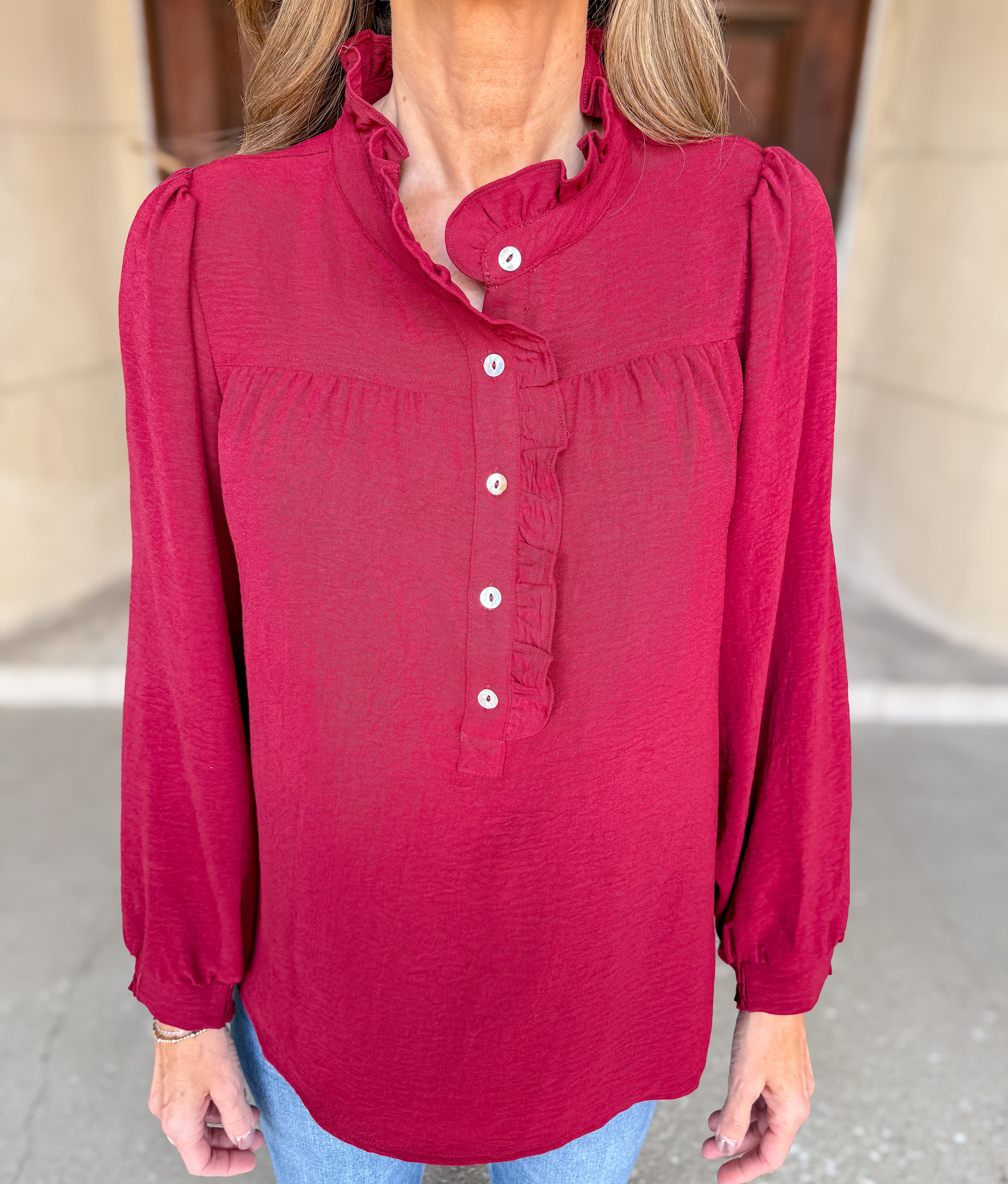 Demi Button Up Ruffle Trim Blouse