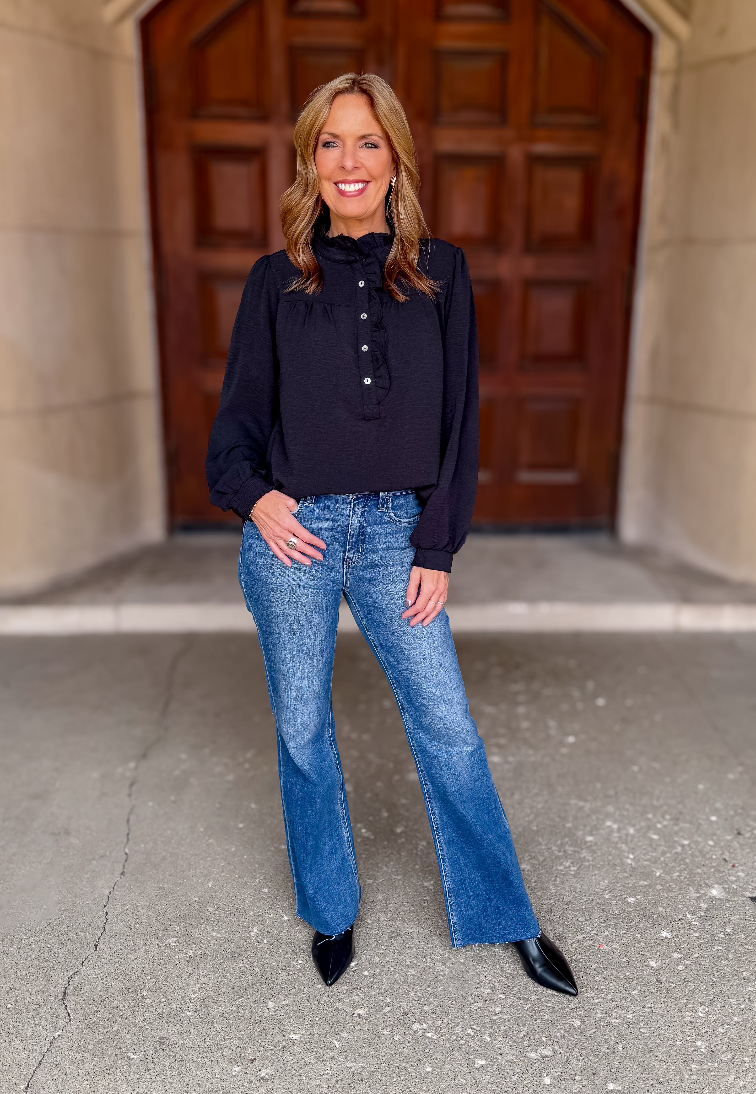 Demi Button Up Ruffle Trim Blouse