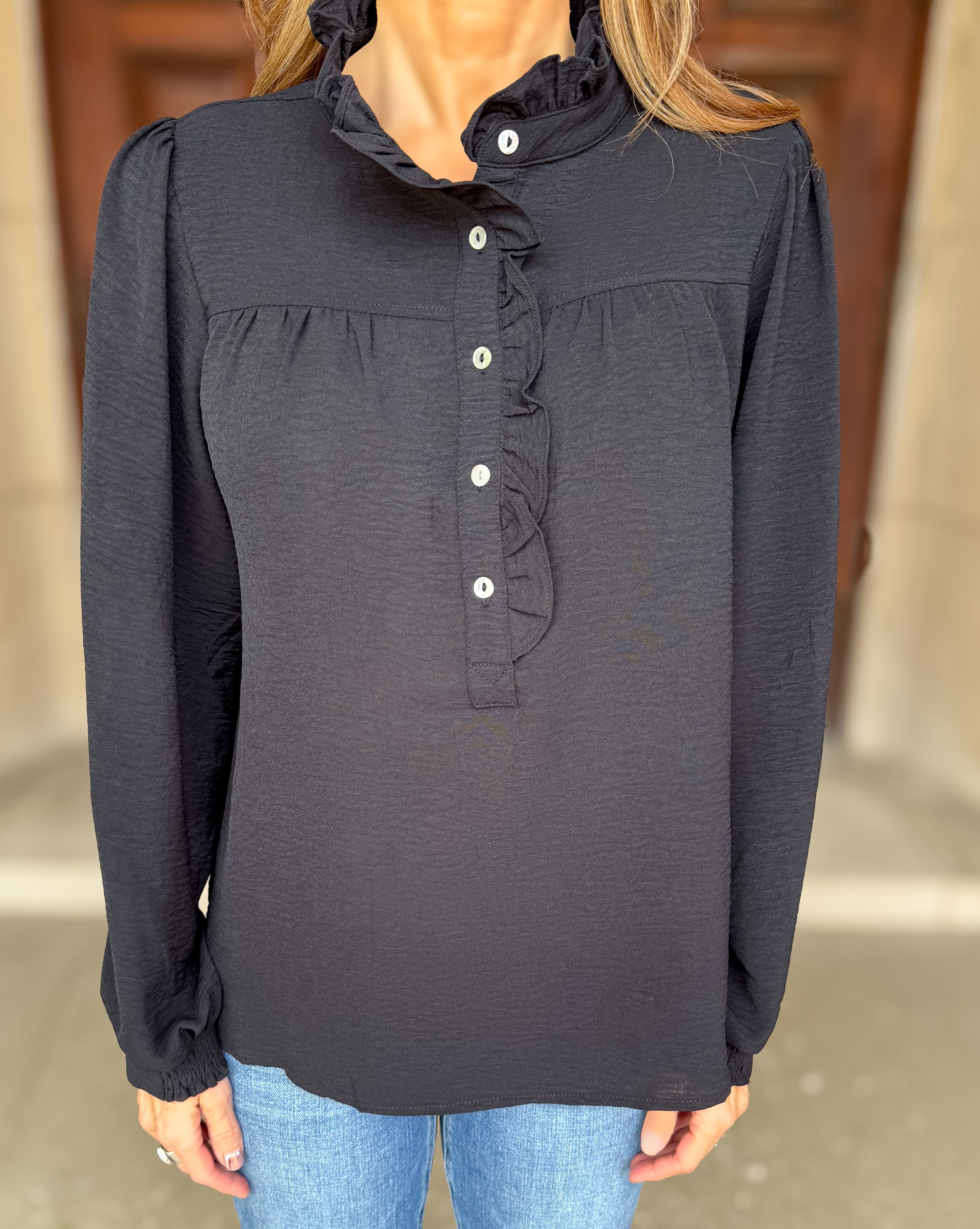 Demi Button Up Ruffle Trim Blouse
