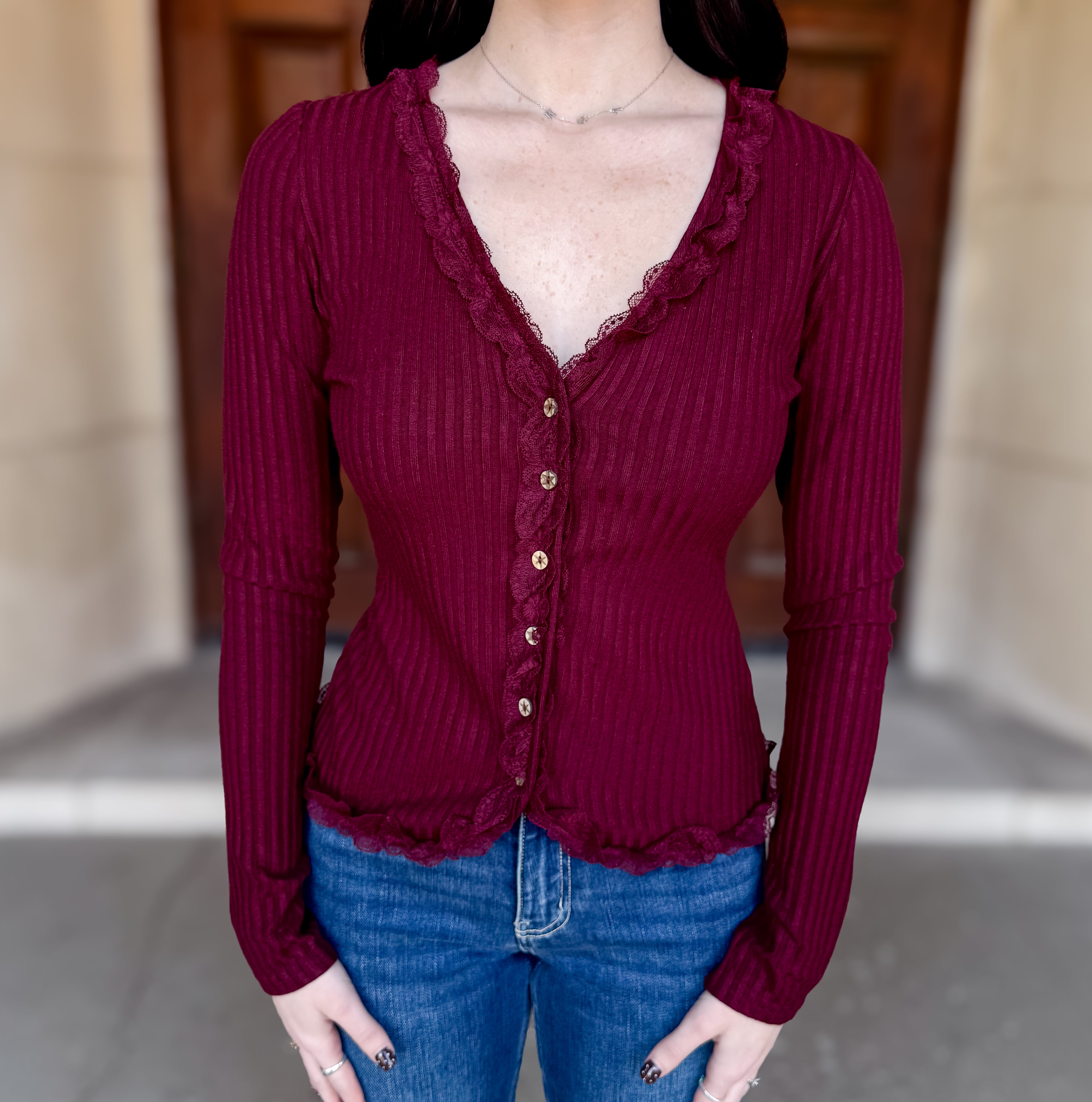 Joyce Lace Trim Ribbed Top