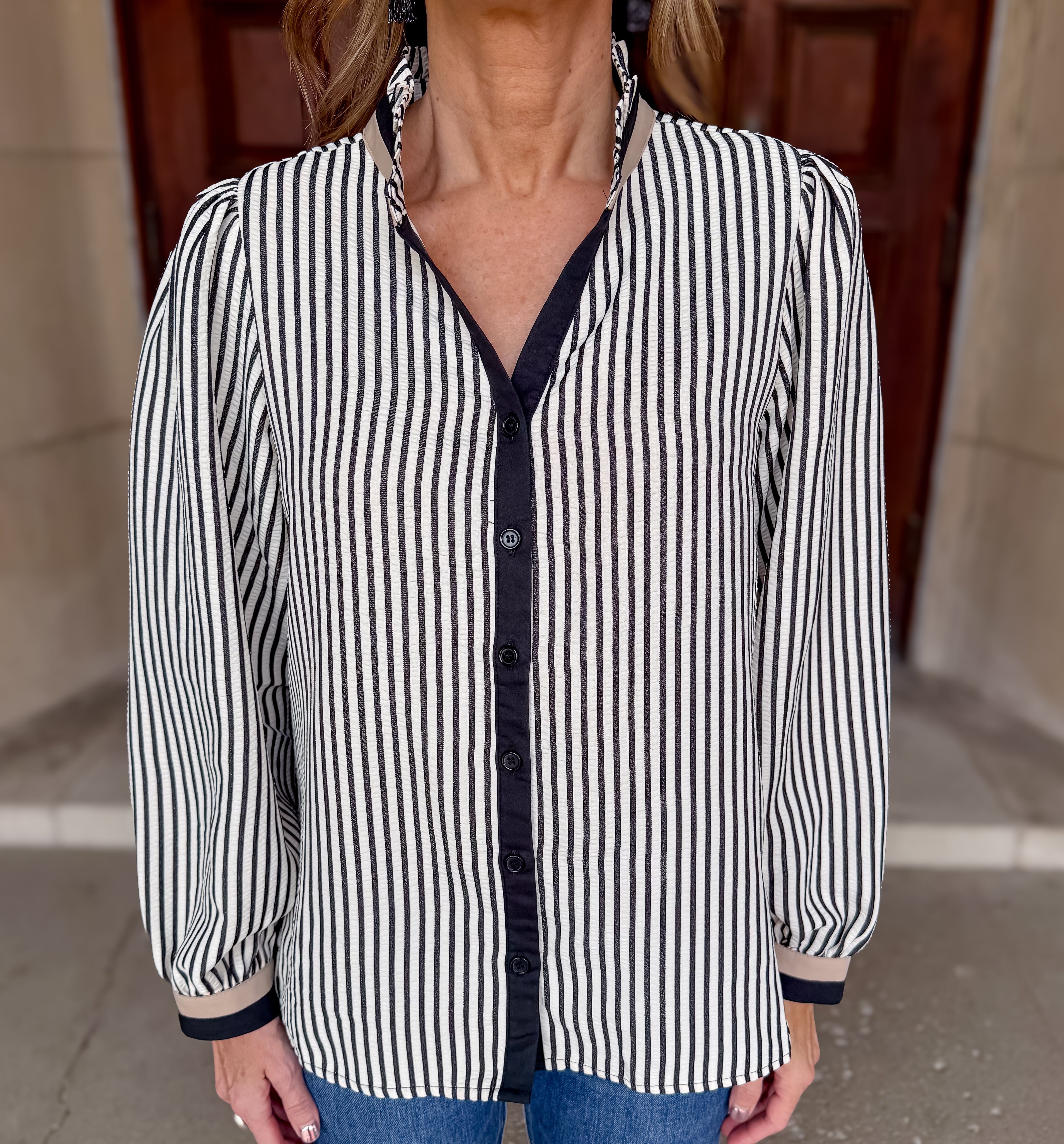 Sabina Striped Seersucker Button Top