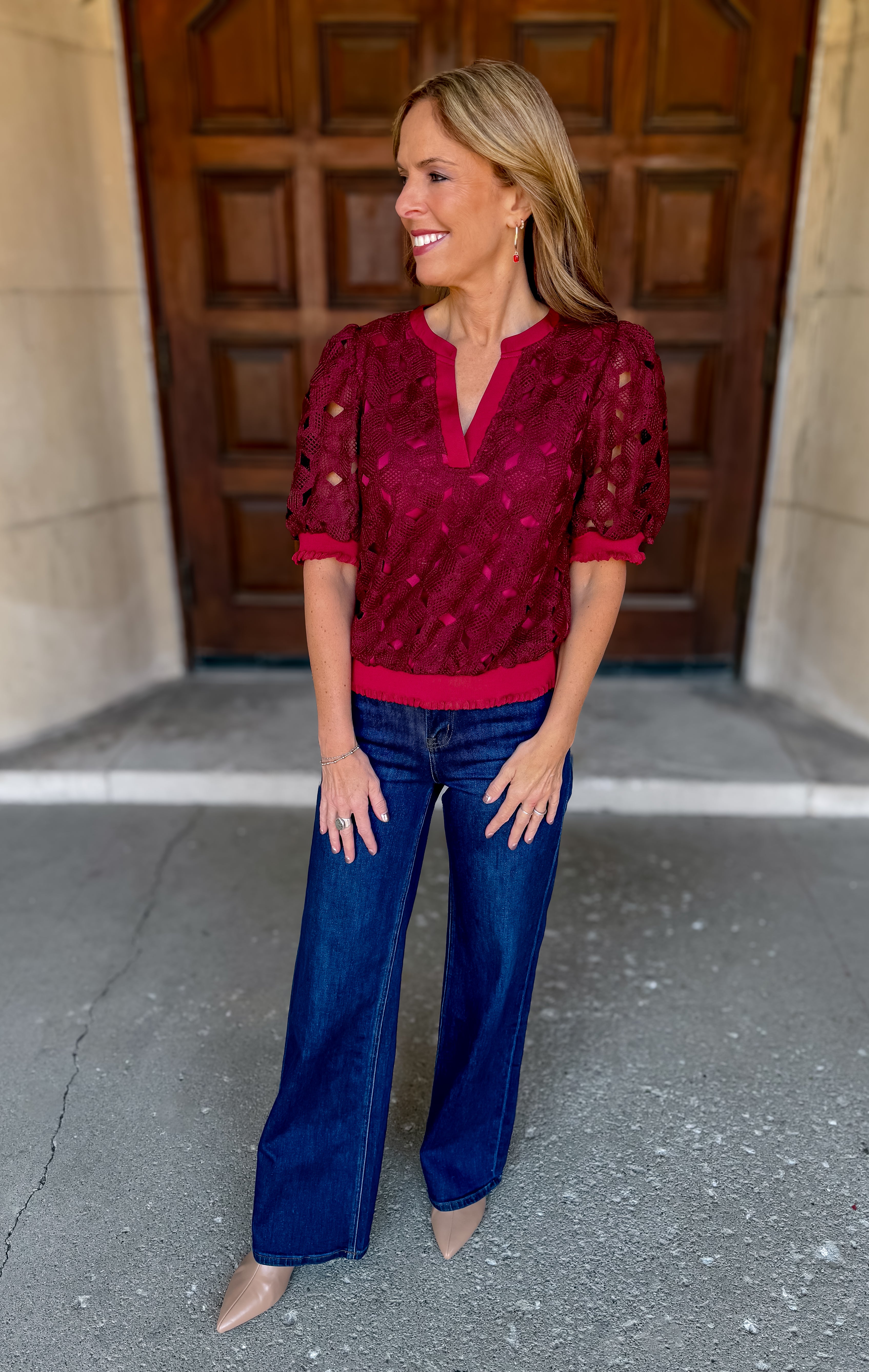 Split-V Neckline
Floral Crochet Overlay
Rib Knit Band Cuff and Hem
Short Puff Sleeve
Sheer Sleeve
Burgundy