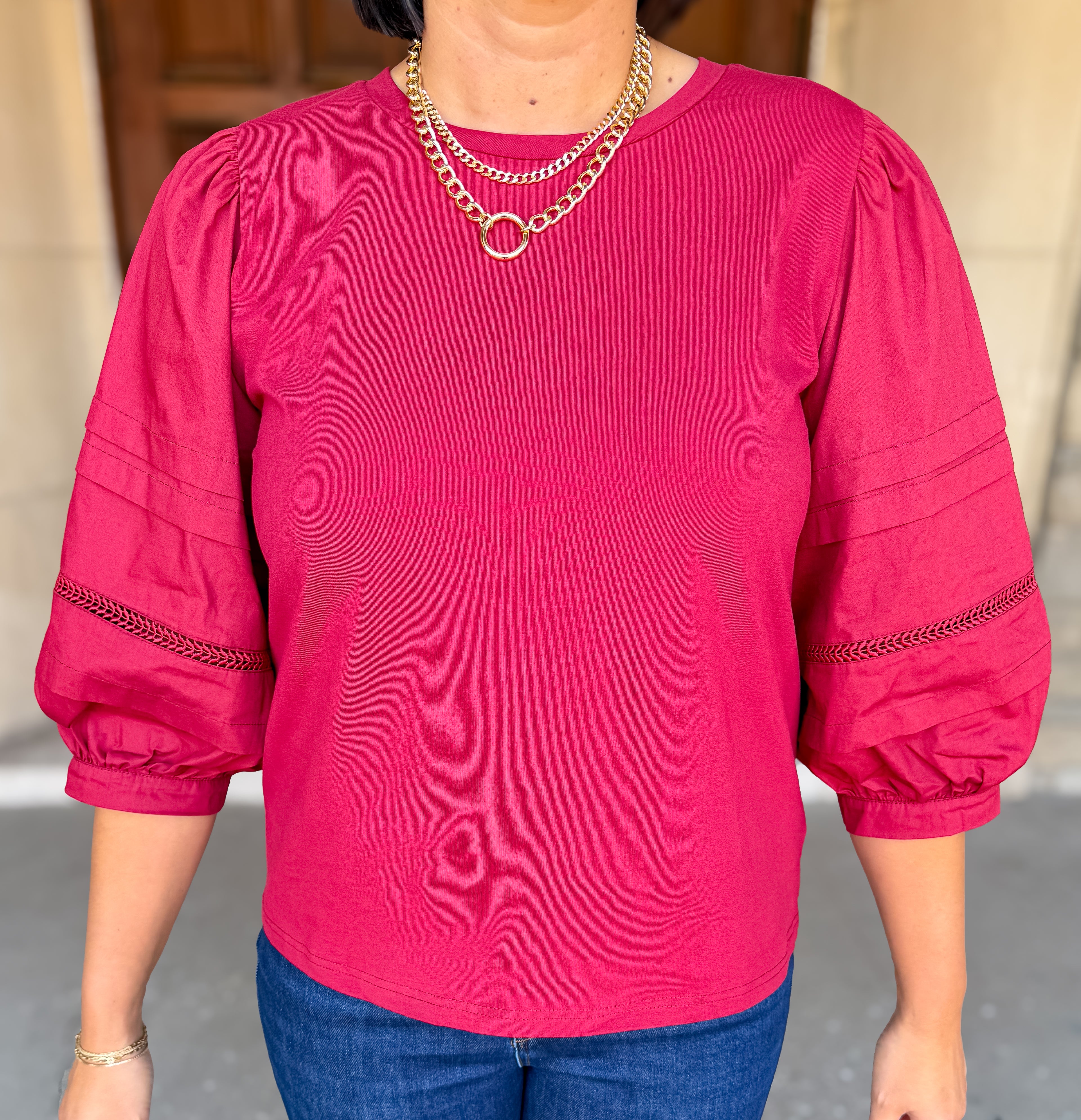 Heidi 3/4 Balloon Sleeve Mixed Media Top