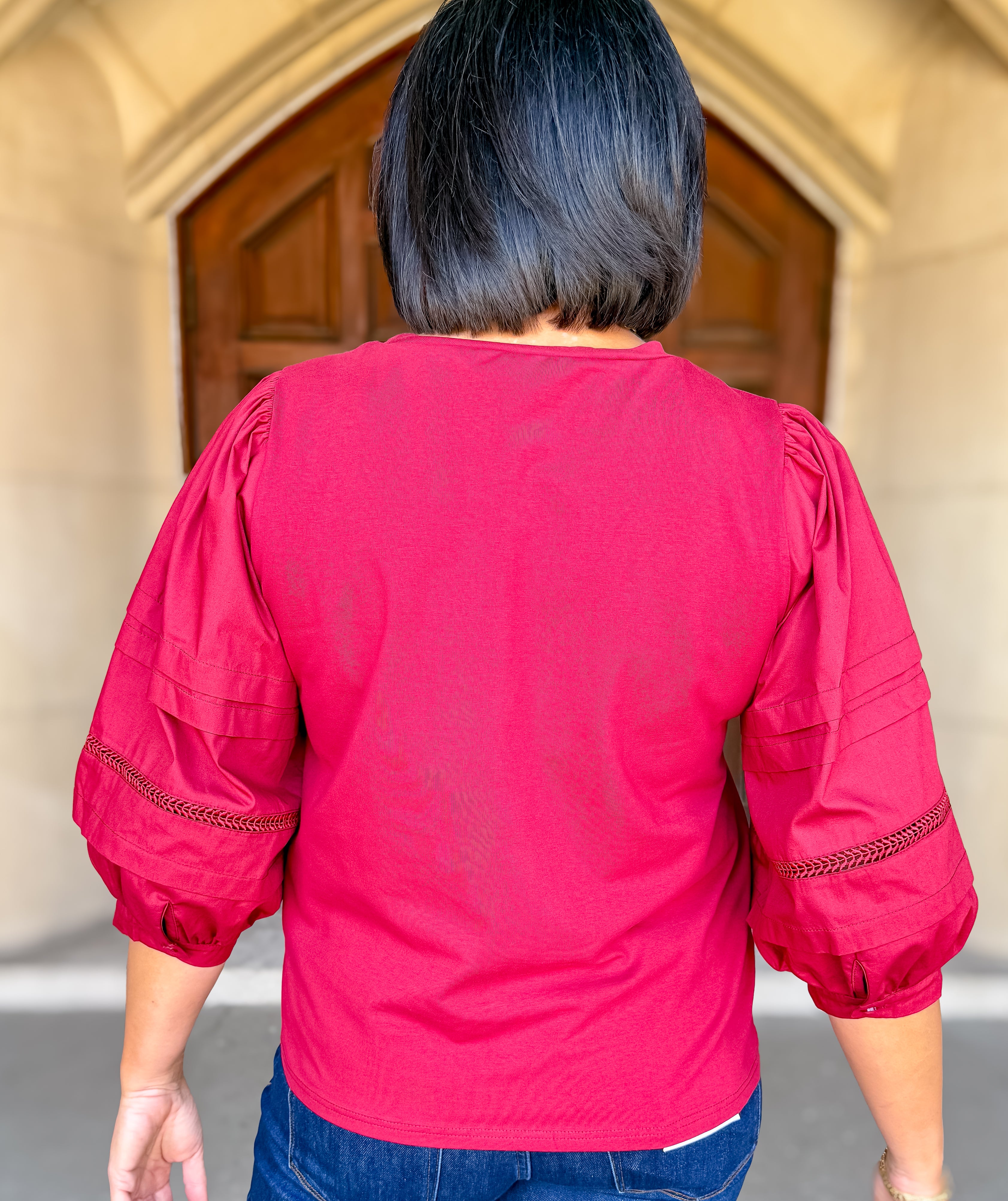 Heidi 3/4 Balloon Sleeve Mixed Media Top