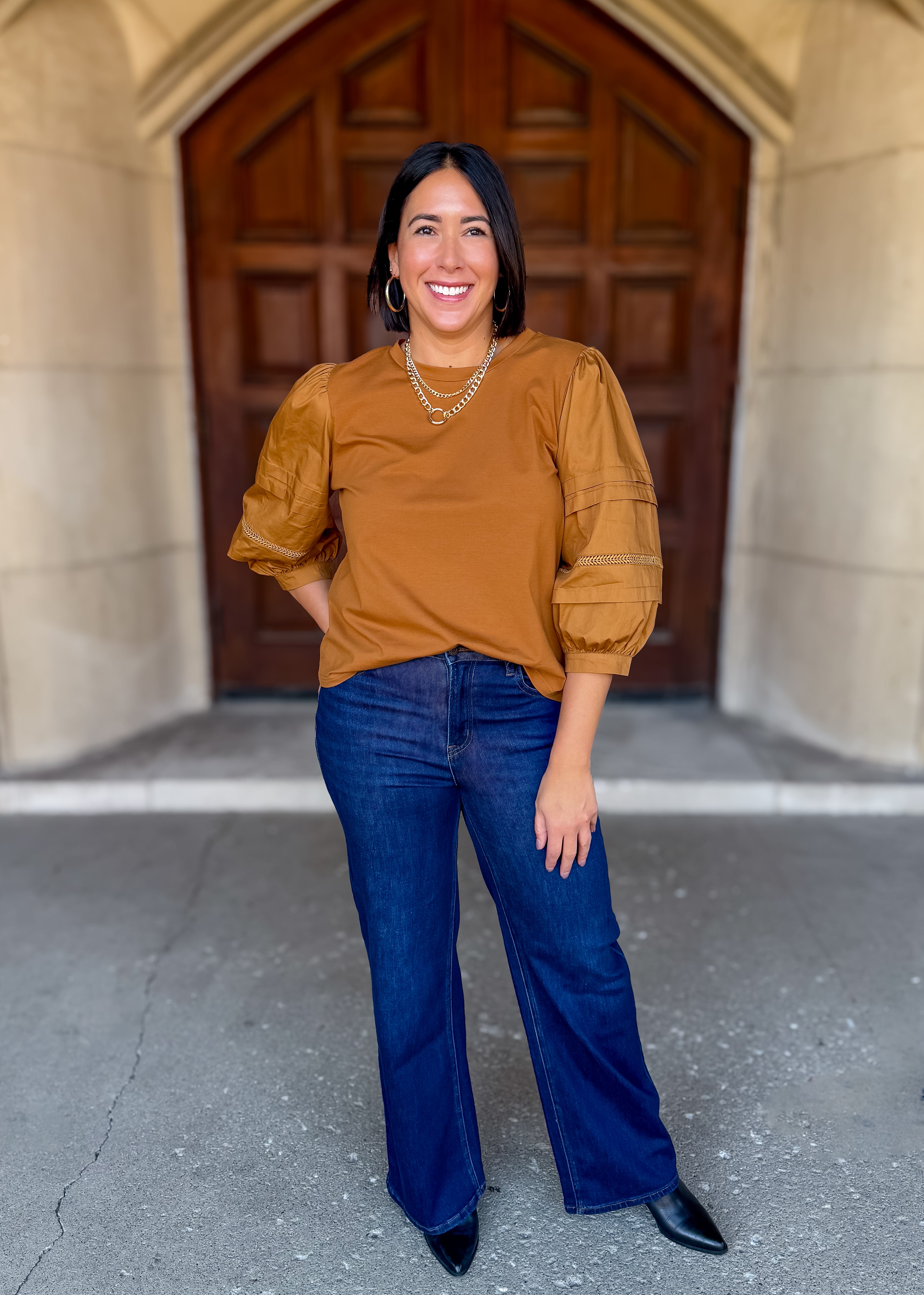 Heidi 3/4 Balloon Sleeve Mixed Media Top