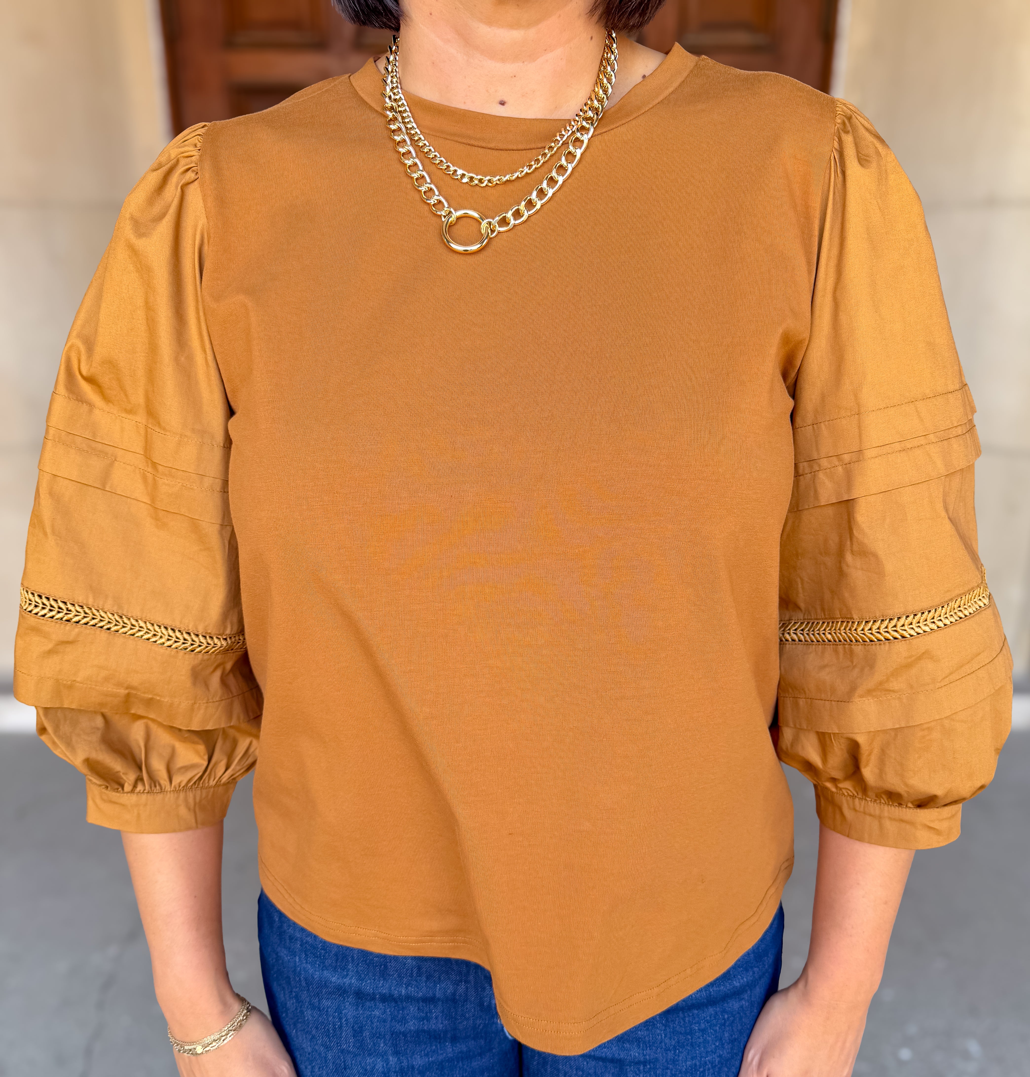 Heidi 3/4 Balloon Sleeve Mixed Media Top