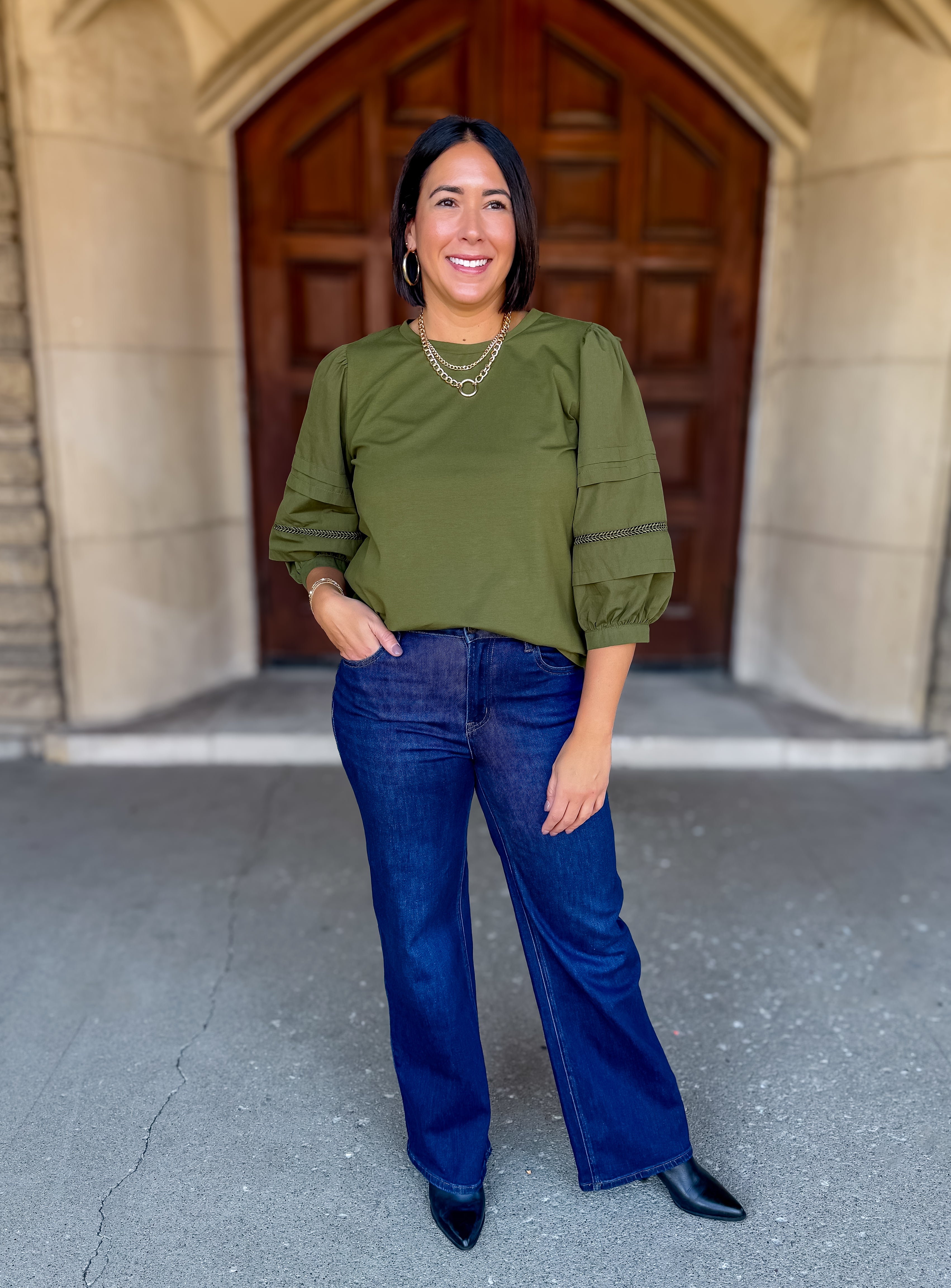 Heidi 3/4 Balloon Sleeve Mixed Media Top