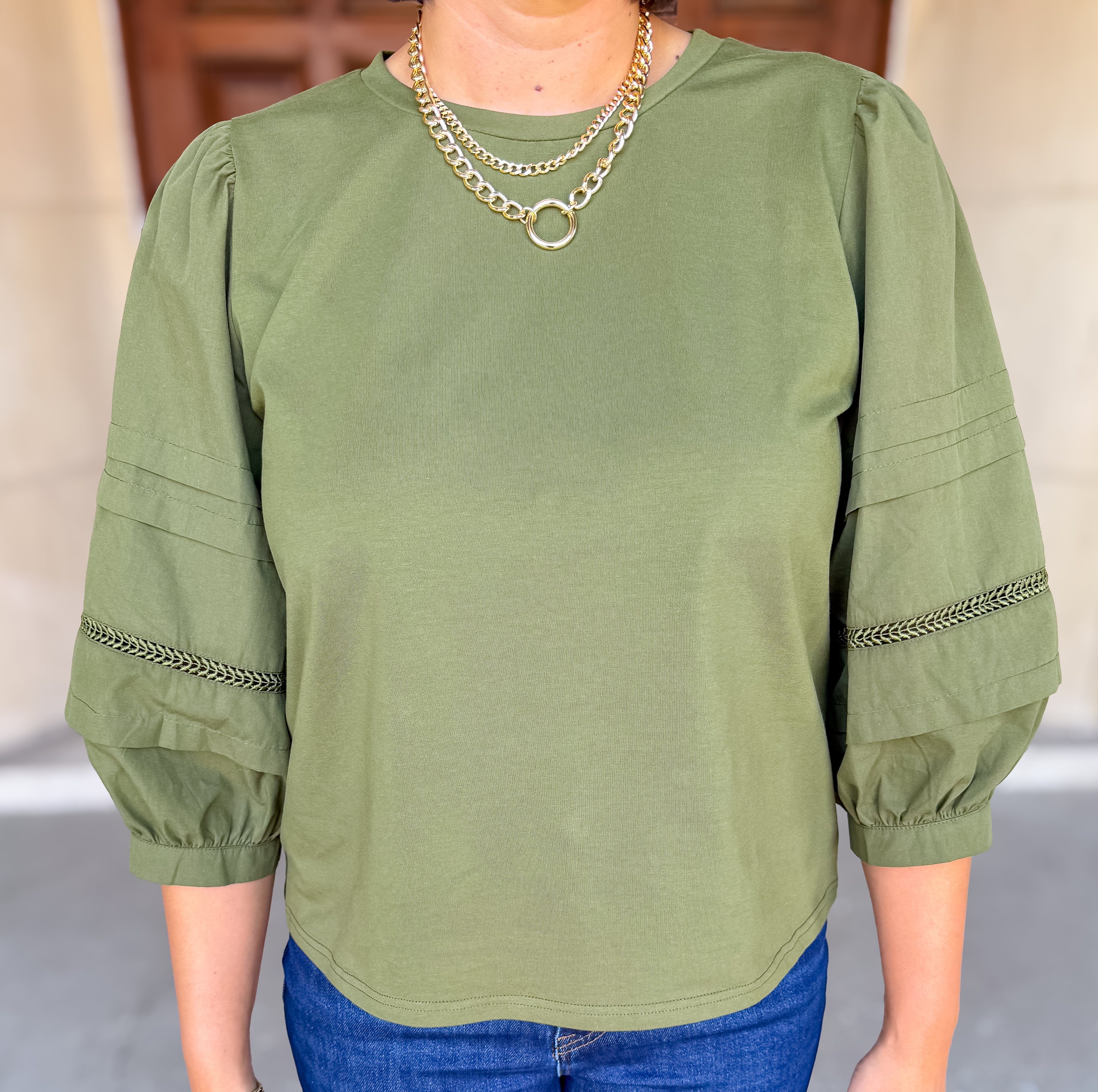 Heidi 3/4 Balloon Sleeve Mixed Media Top