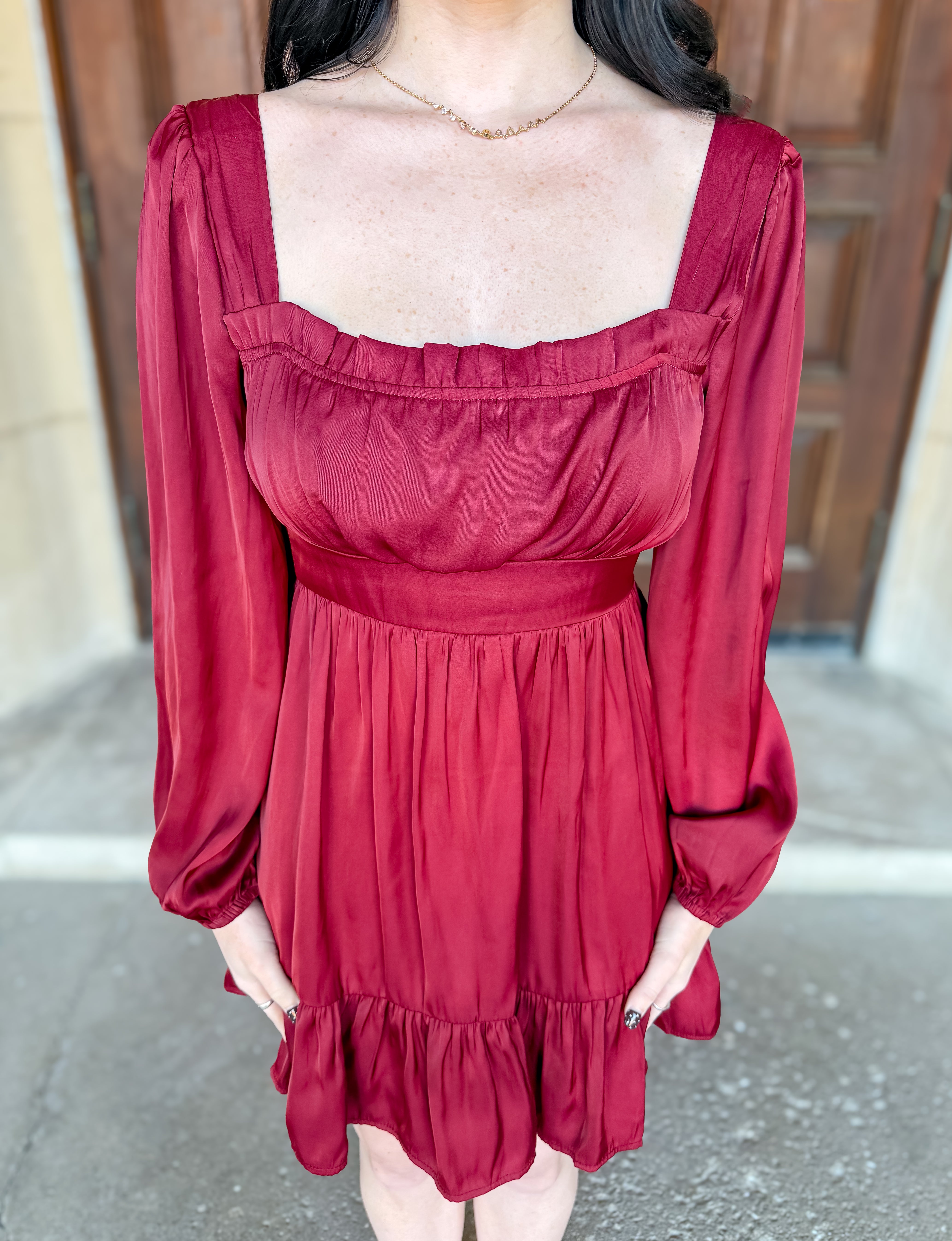 Janette Satin Ruffle Trim Dress