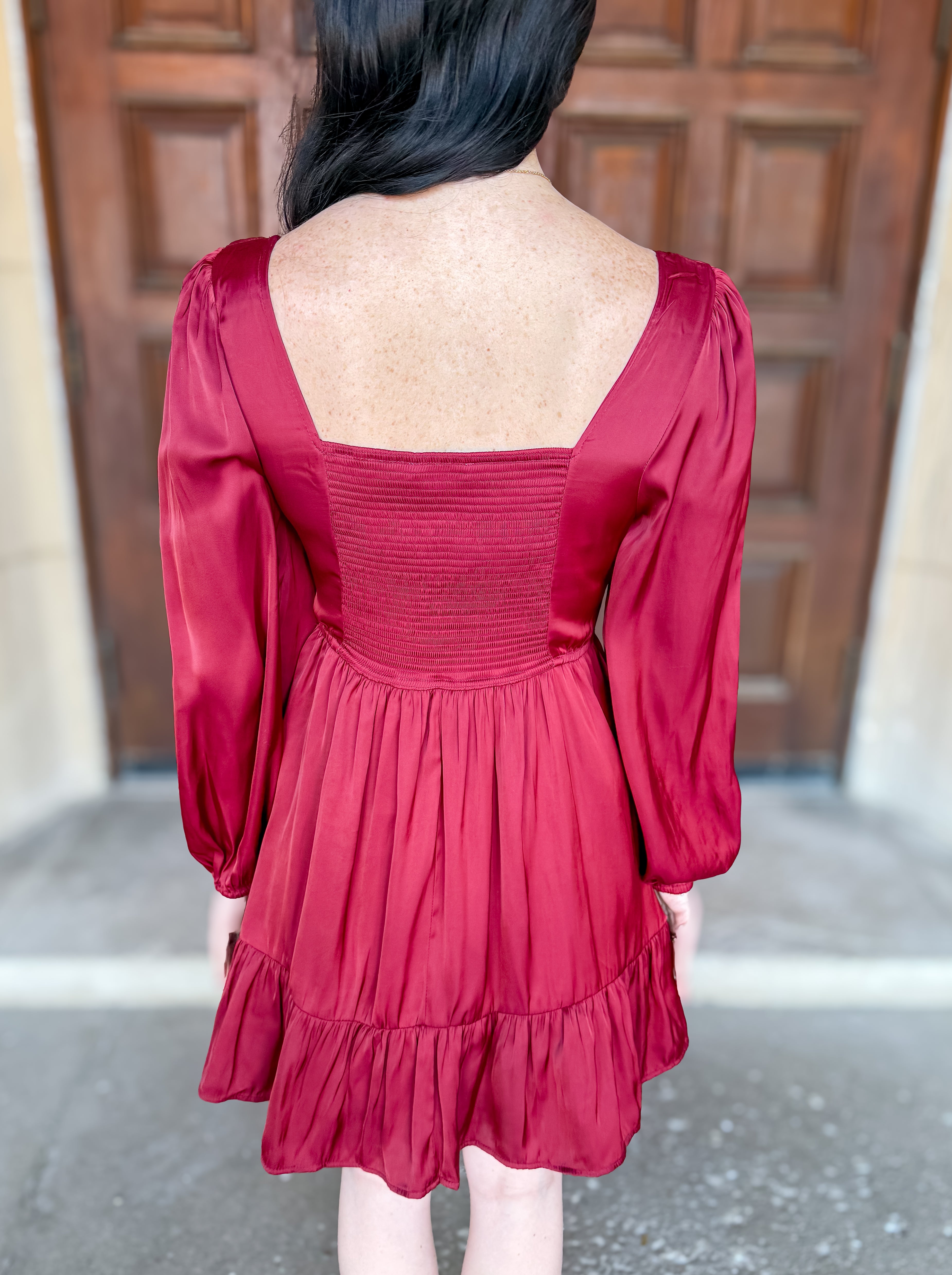 Janette Satin Ruffle Trim Dress