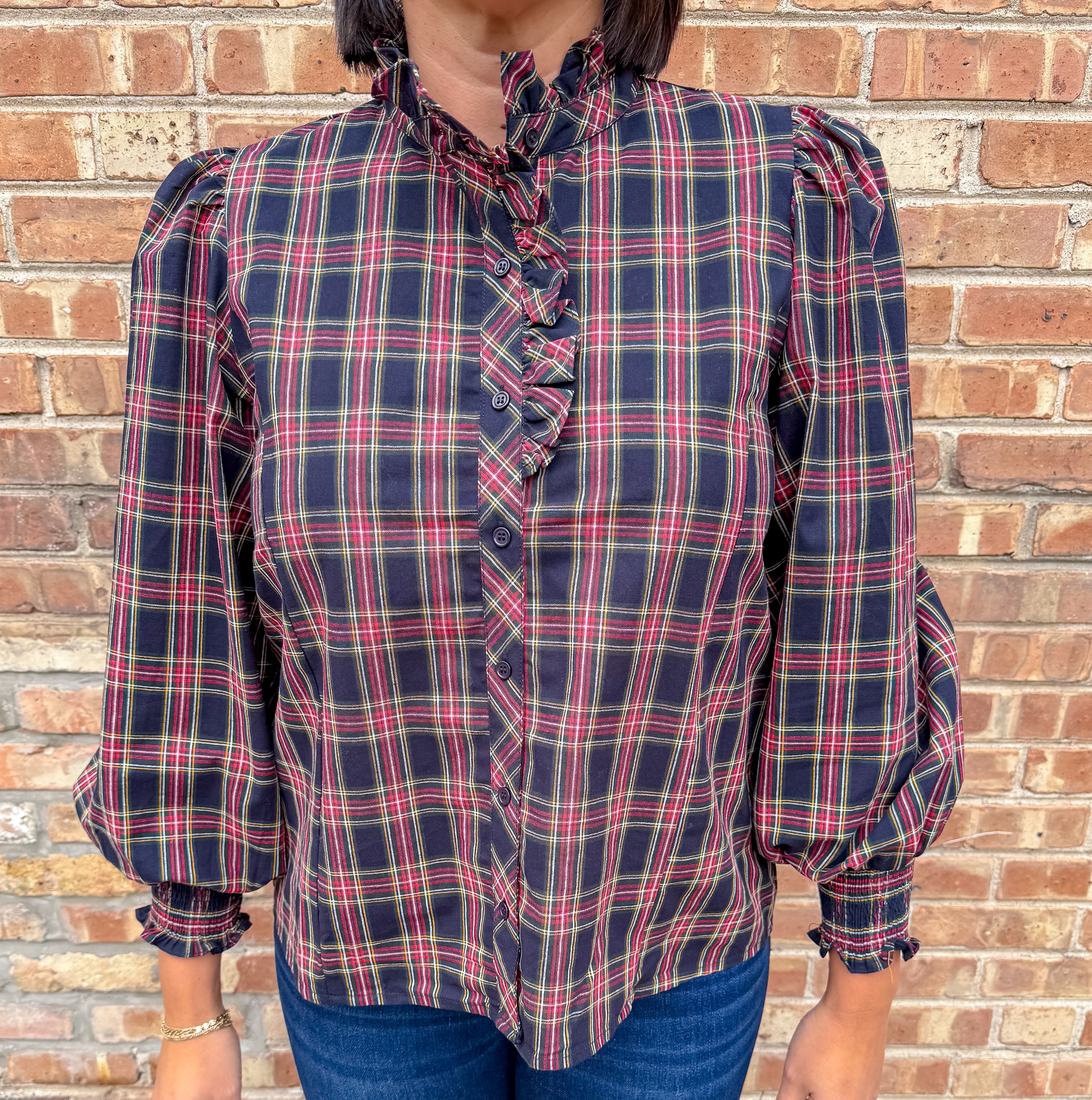 Ailany Plaid Ruffle Button Top