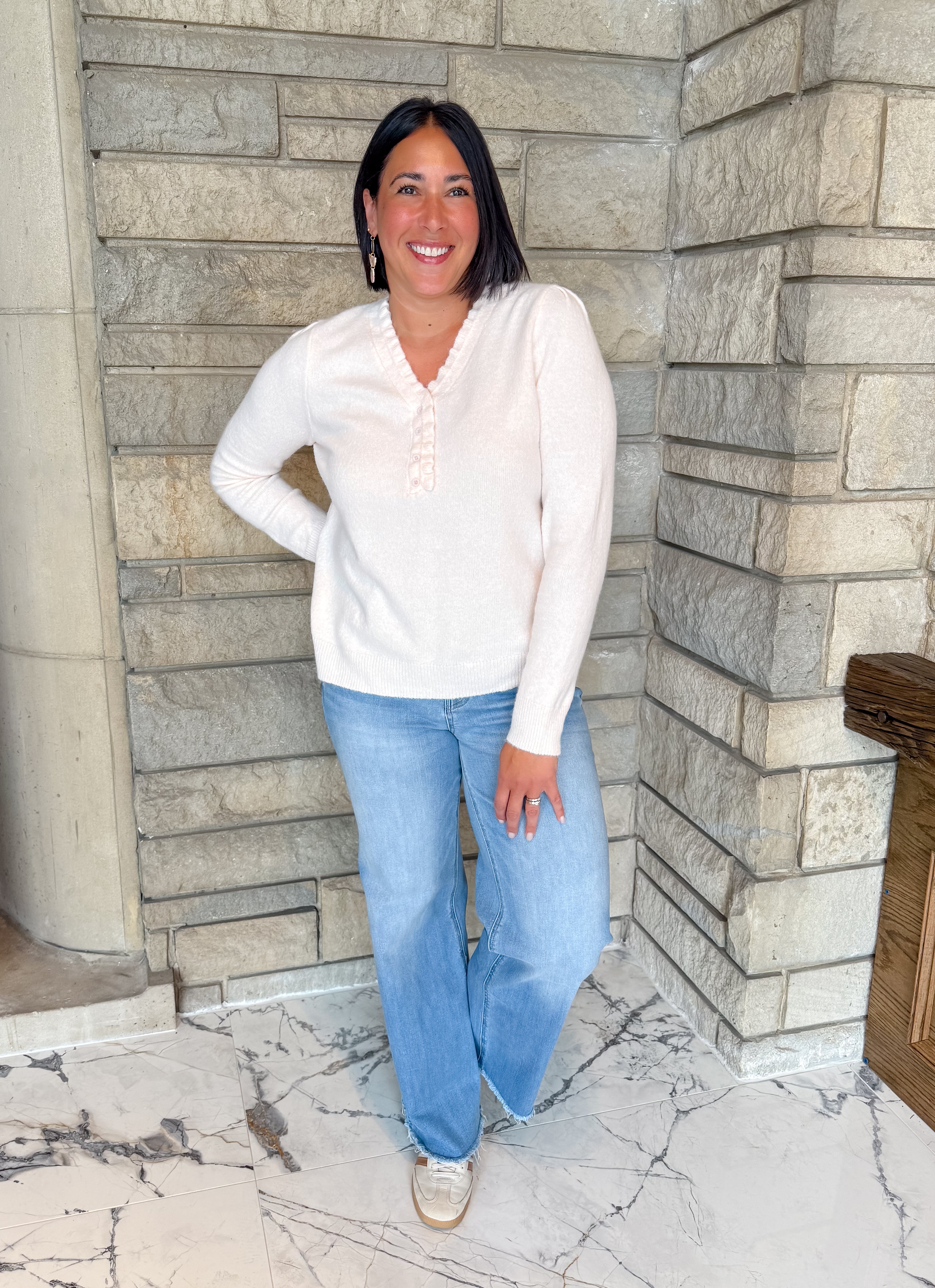 Katie Ruffle Button Sweater