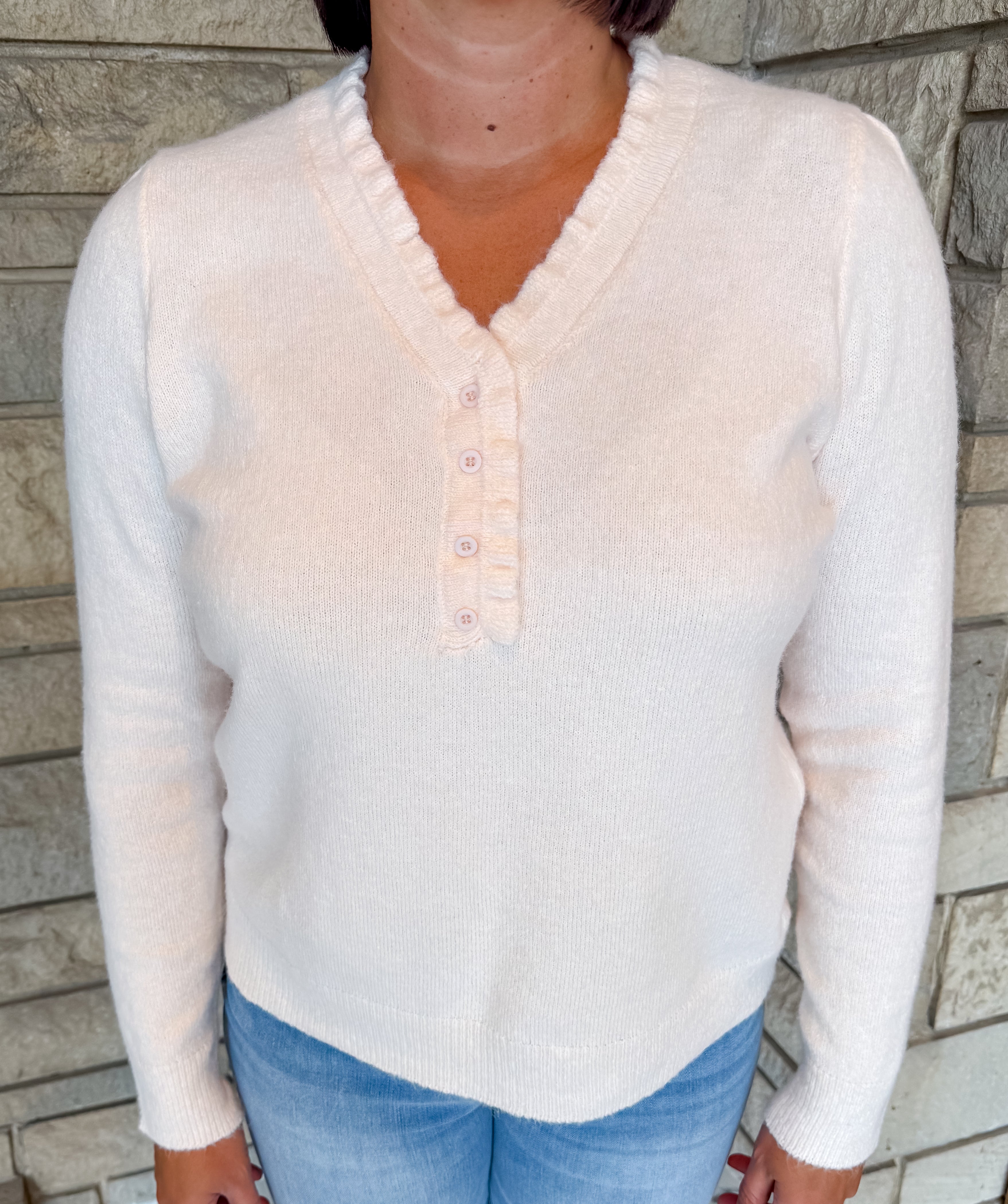 Katie Ruffle Button Sweater