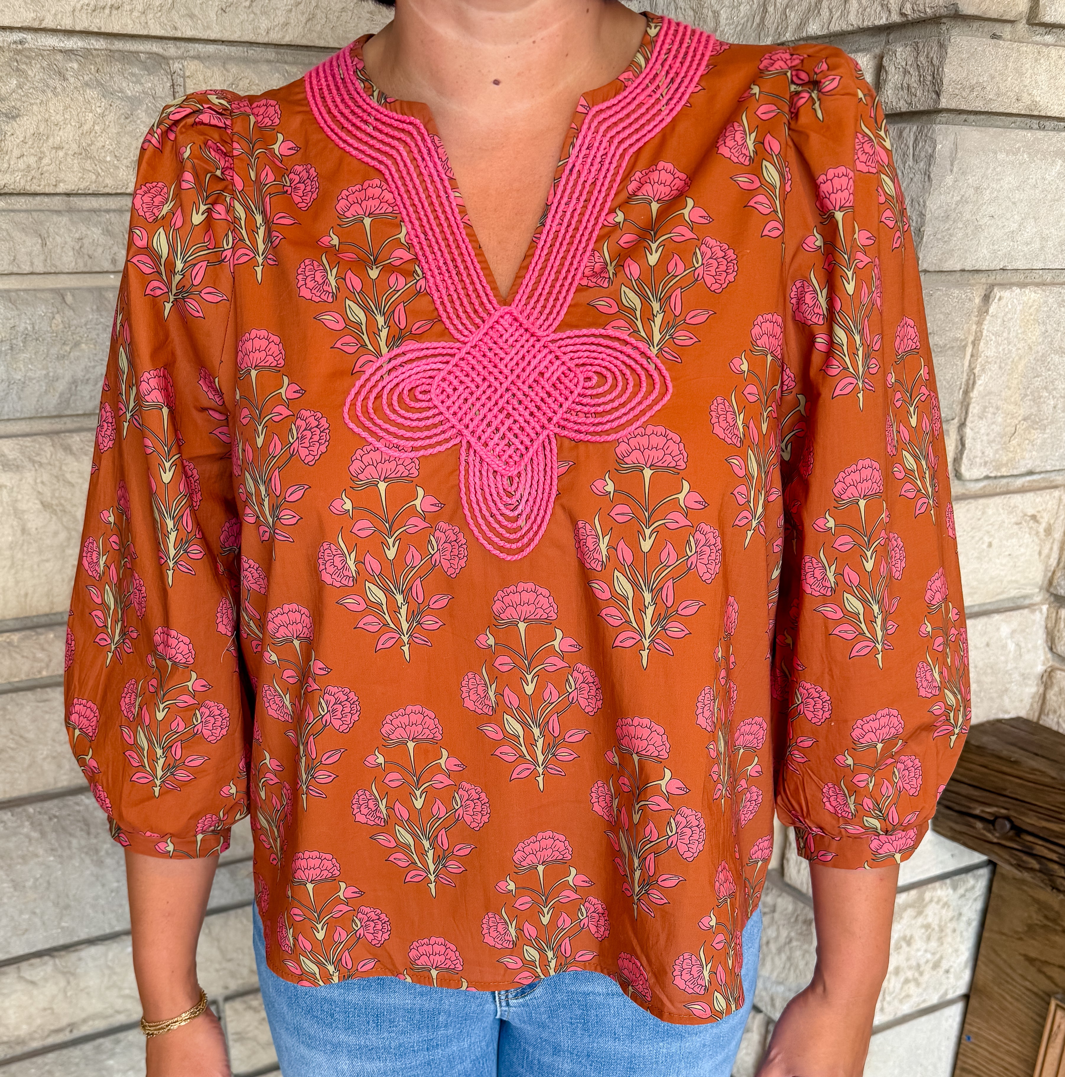 Delphine Floral Contrast Embroidered Top