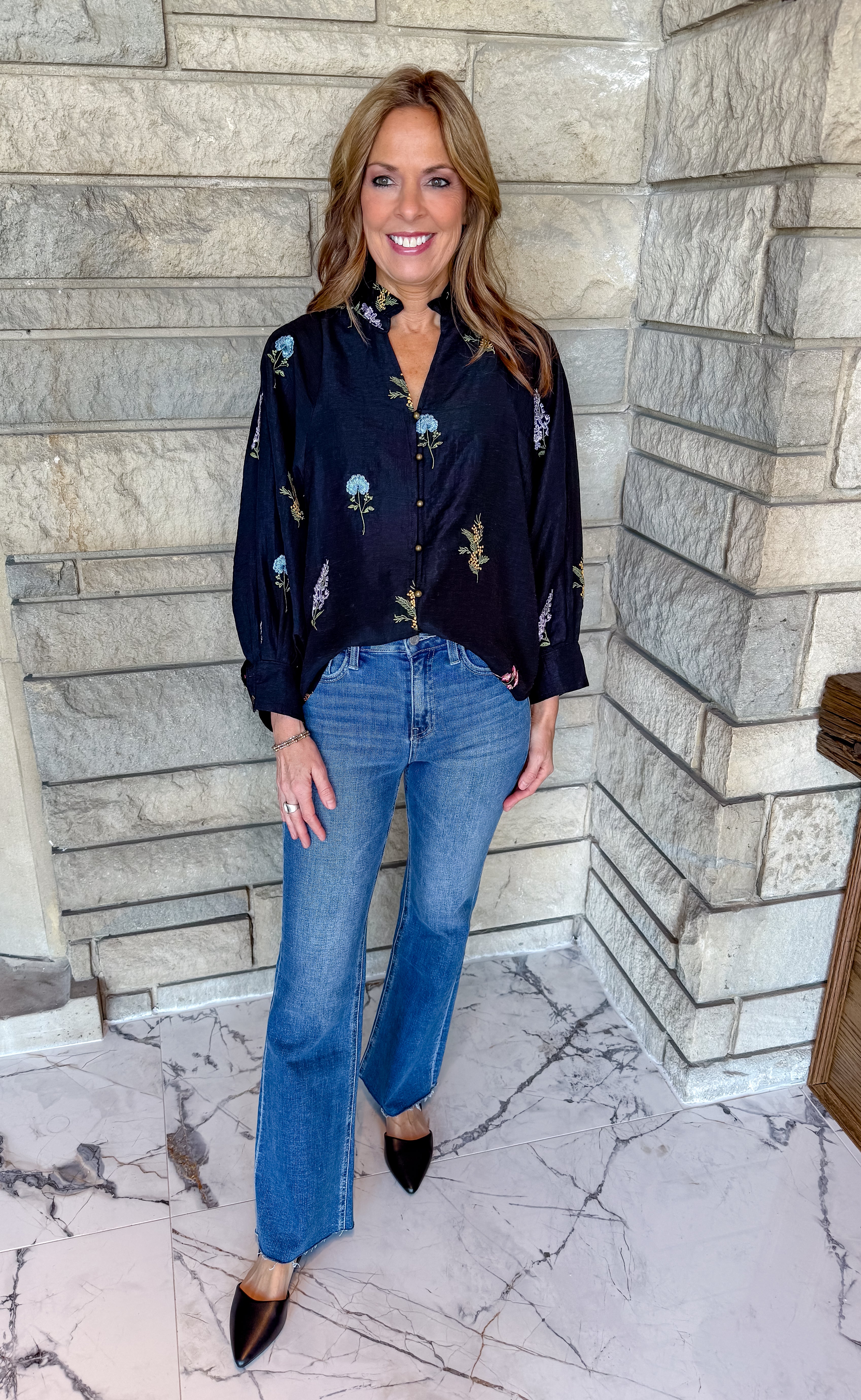 Fern Floral Embroidered Button Top