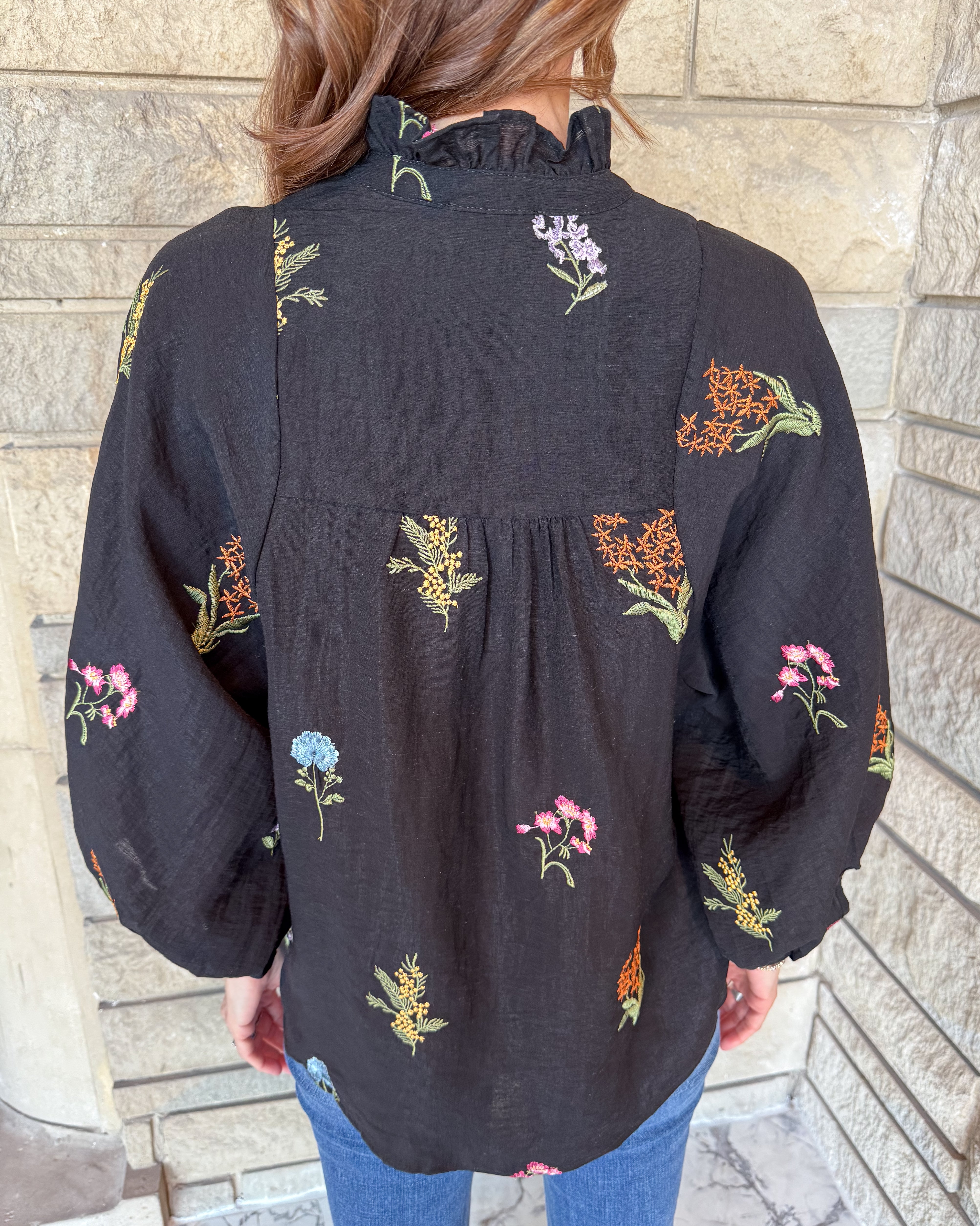 Fern Floral Embroidered Button Top