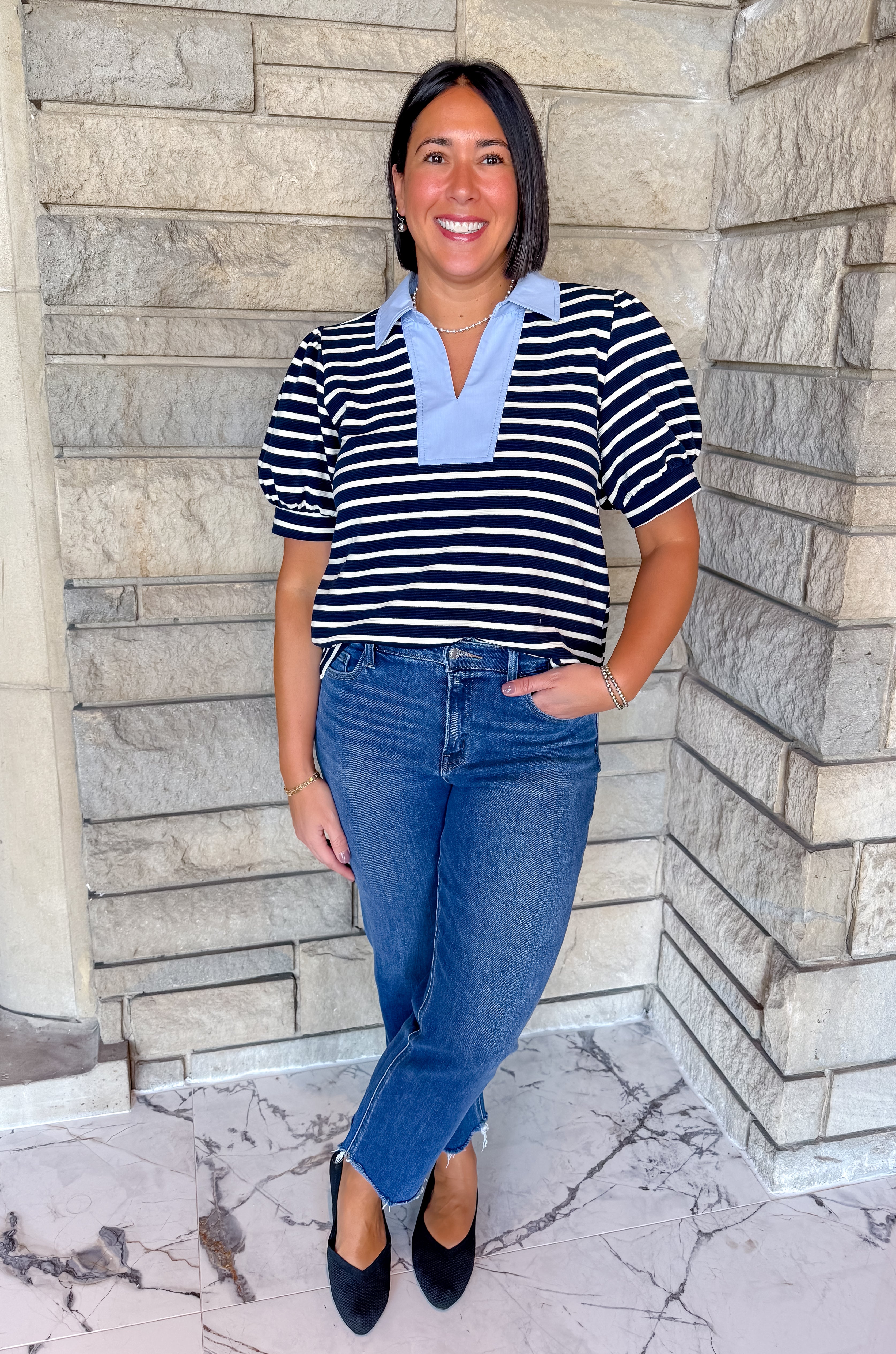 Noreen Stripe Contrast Collar Top