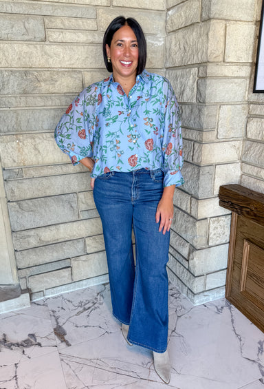Blue floral blouse
button front floral top
dressy floral blouse