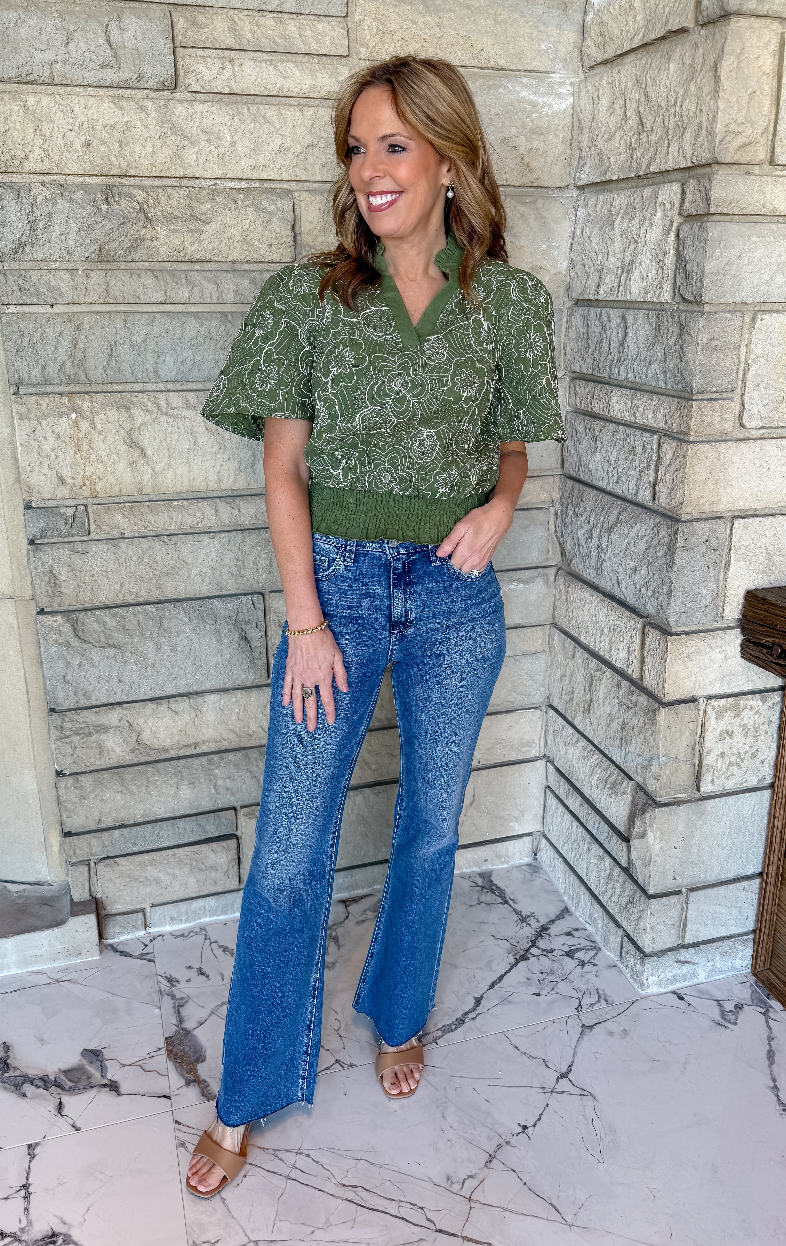 Floral embroidered top
Smocked waist top
Ruffle trim neck
V neck blouse
Olive floral top