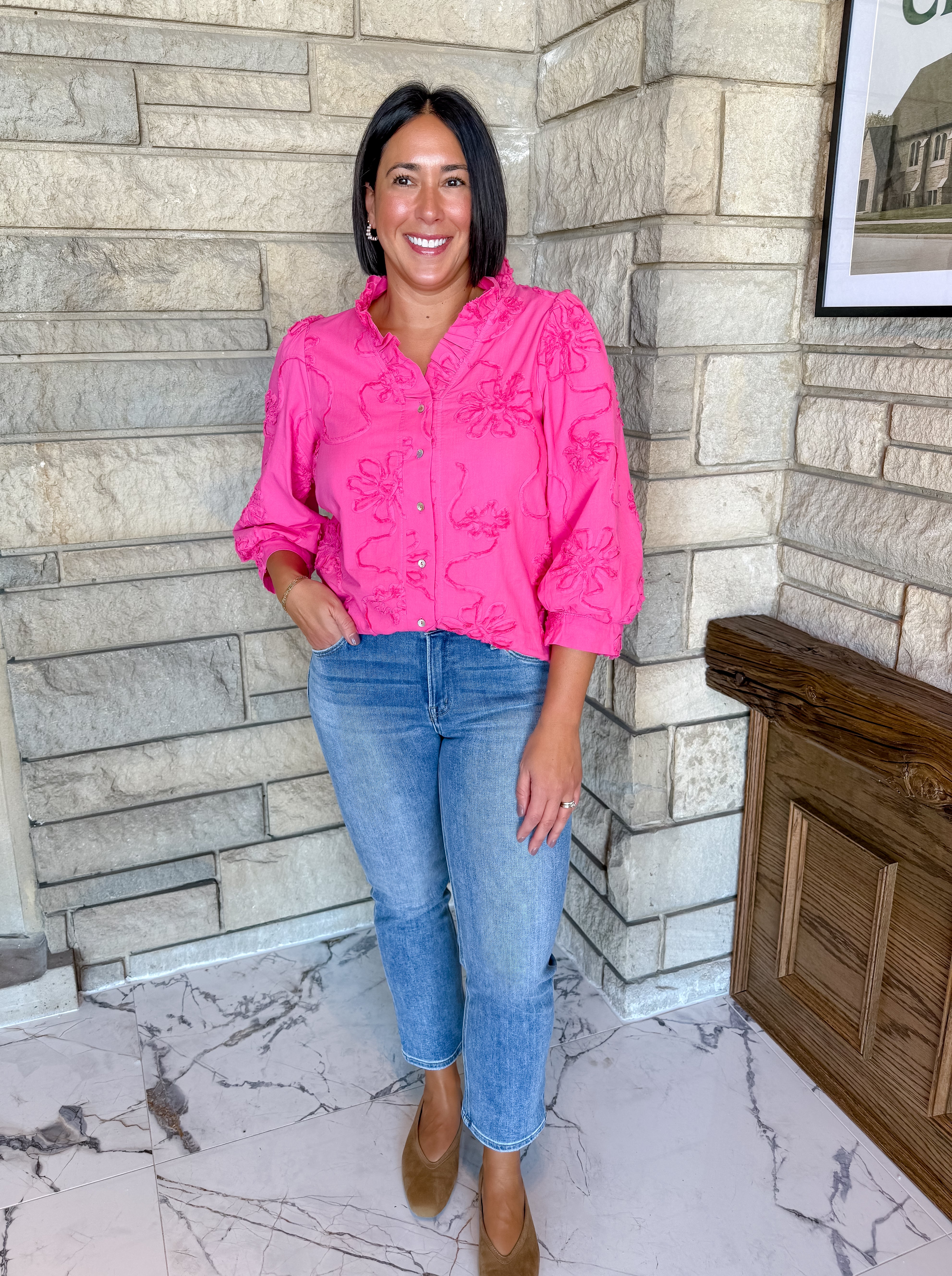 Aster Floral Applique Ruffle Top