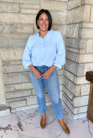 floral applique blouse
button front applique top
Ruffle trim collar
3/4 length sleeves
light blue dressy blouse