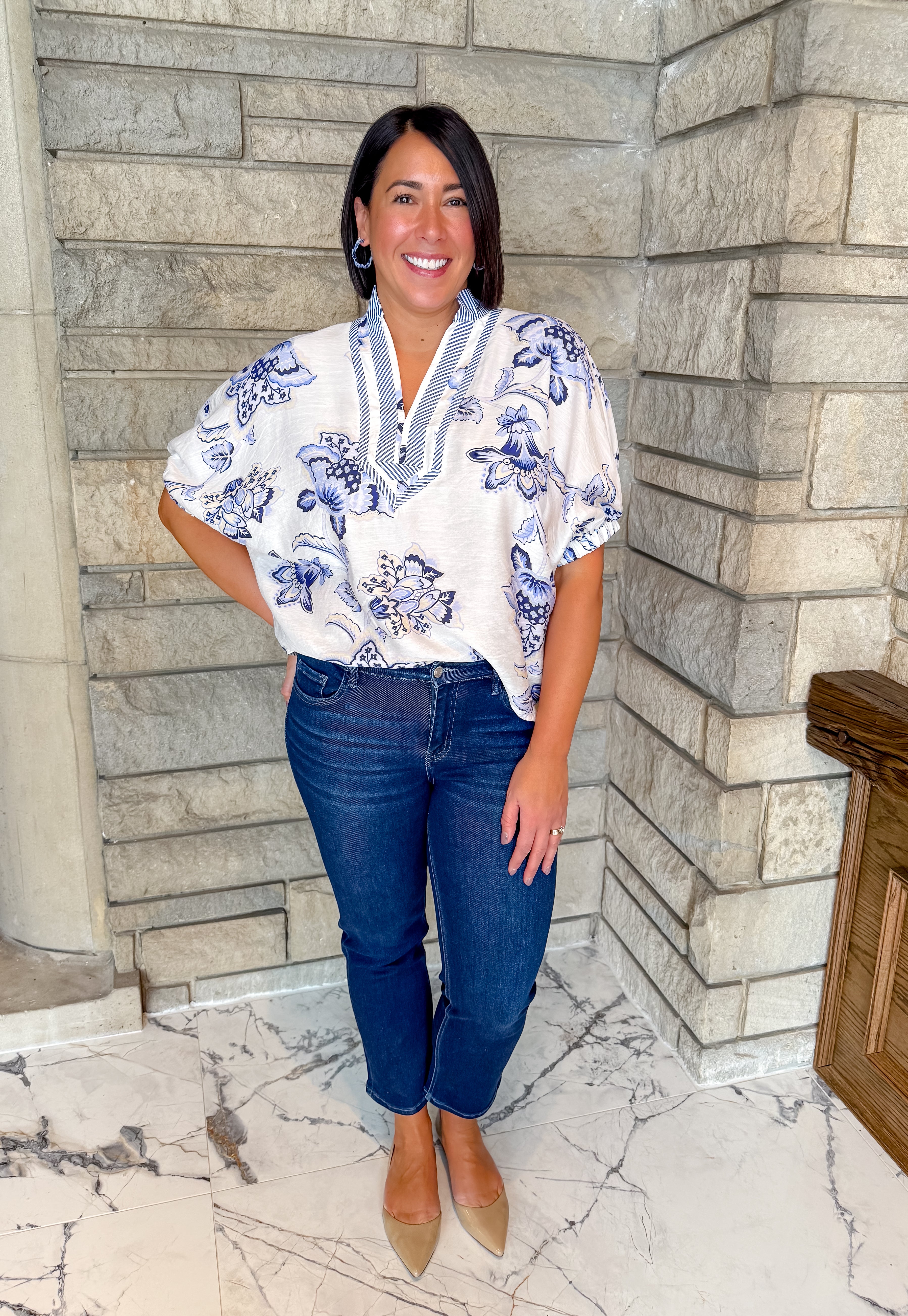 Vita Floral Striped Trim Top