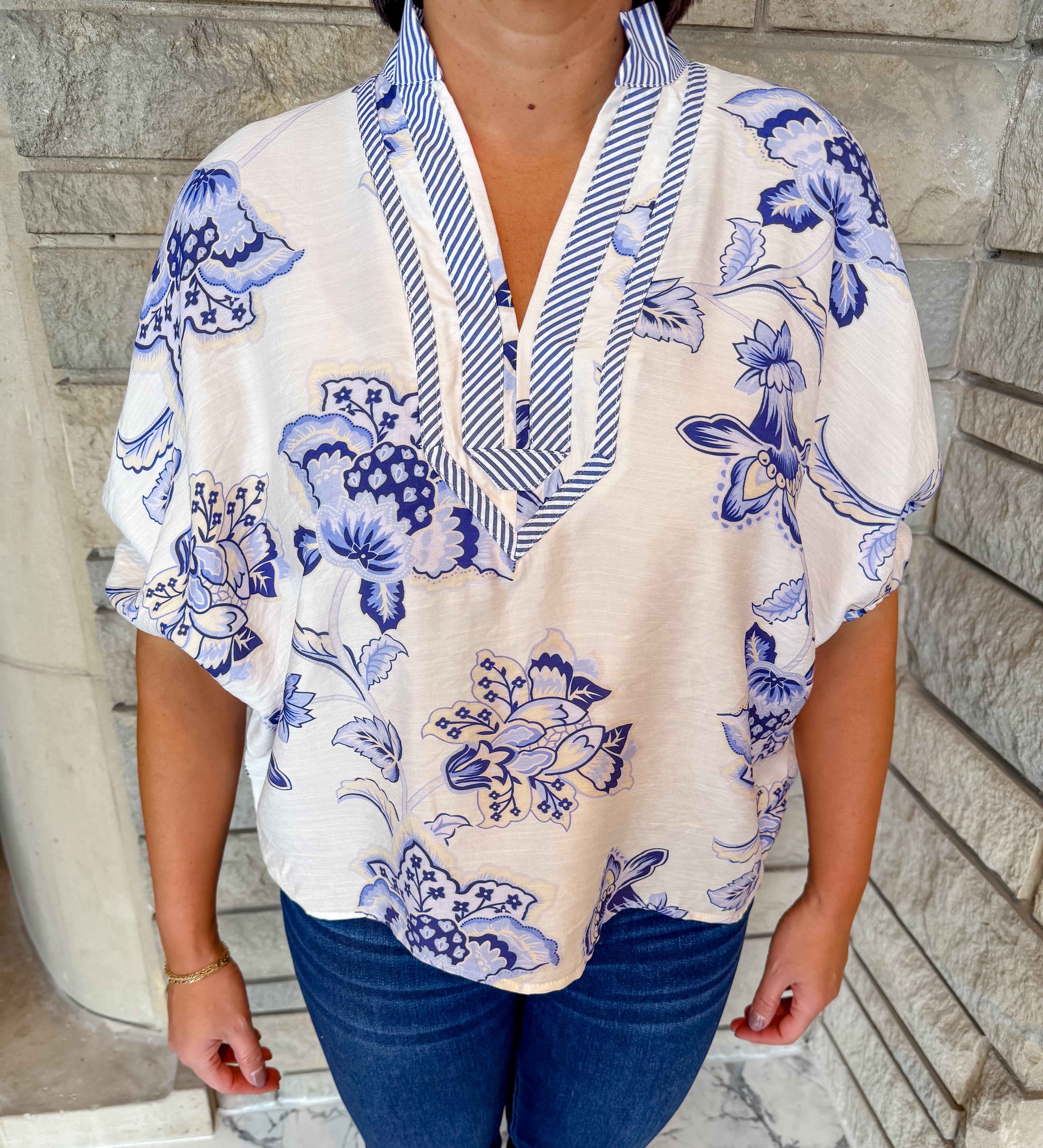 Vita Floral Striped Trim Top