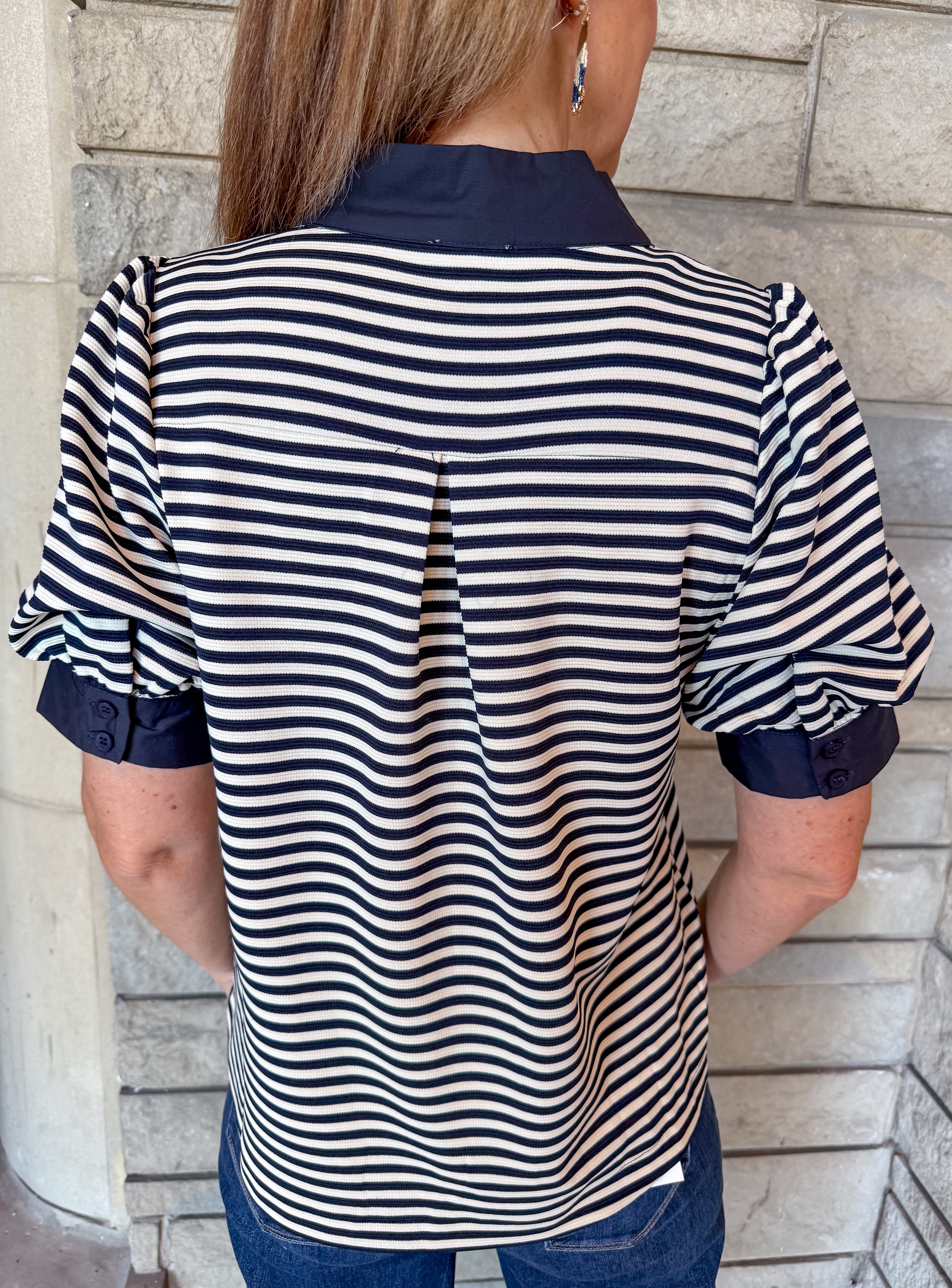 Maddie Textured Stripe Solid Trim Top