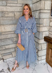 Navy/Ivory striped midi dress with vollar, buttons and belt.