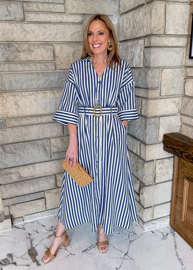 Navy/Ivory striped midi dress with vollar, buttons and belt.