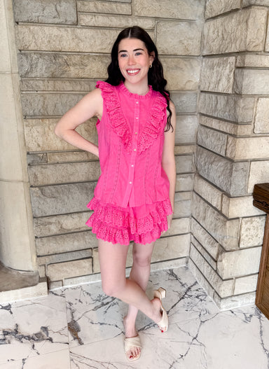 Hot Pink Short set. Button front top with ruffles and ruffles shorts. Hot Pink Dressy short set.