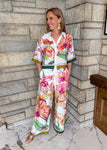 Tropical print pants set. Tropical flower print boxy short button top with wide leg pants set.