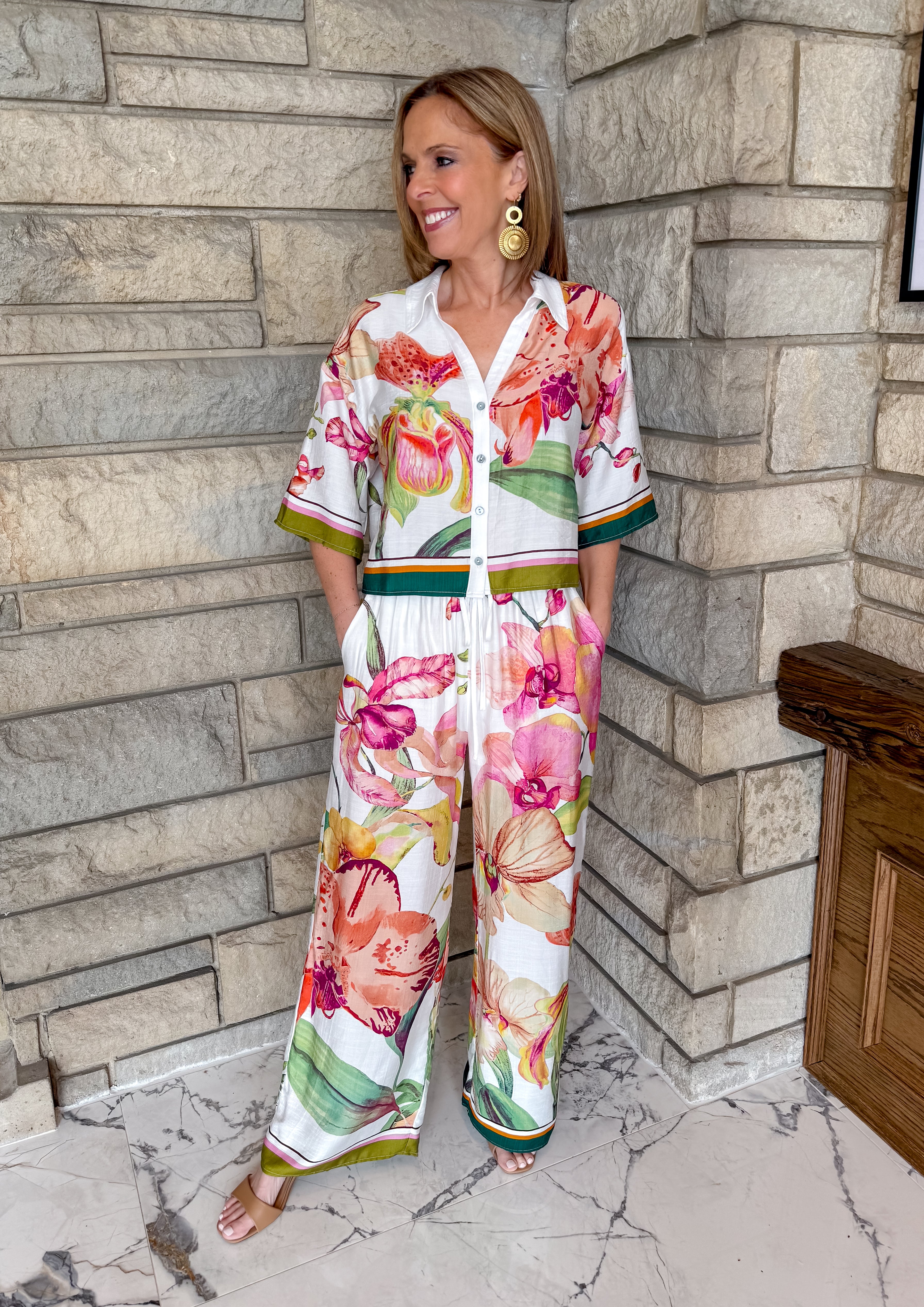 Tropical print pants set. Tropical flower print boxy short button top with wide leg pants set.