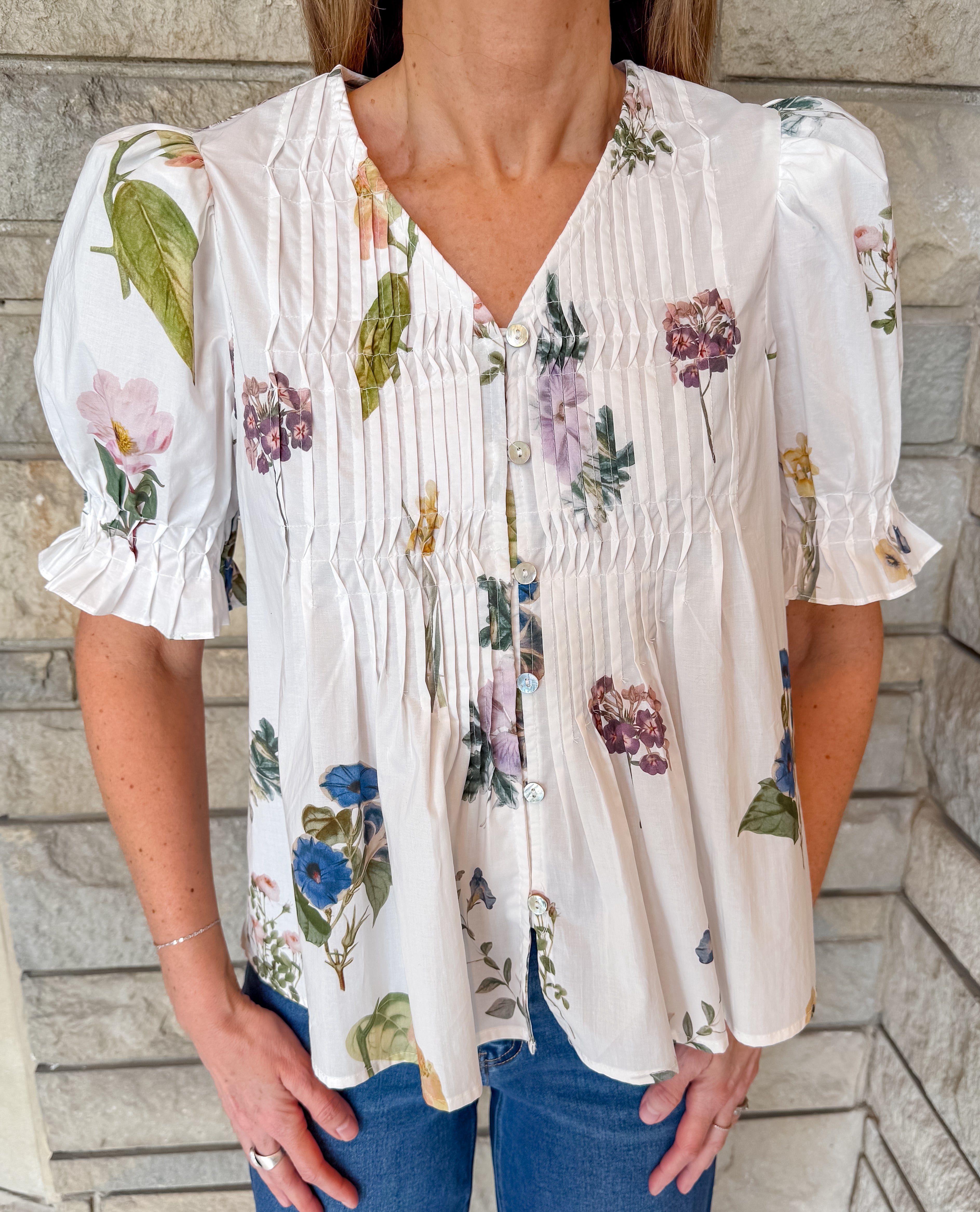 Pia Floral Pintuck Button Top