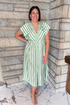 Green/Ivory striped idi dress with v neck, buttons, flutter sleeves.