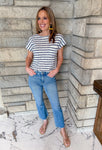 Navy/Ivory striped knit pocket shirt. 