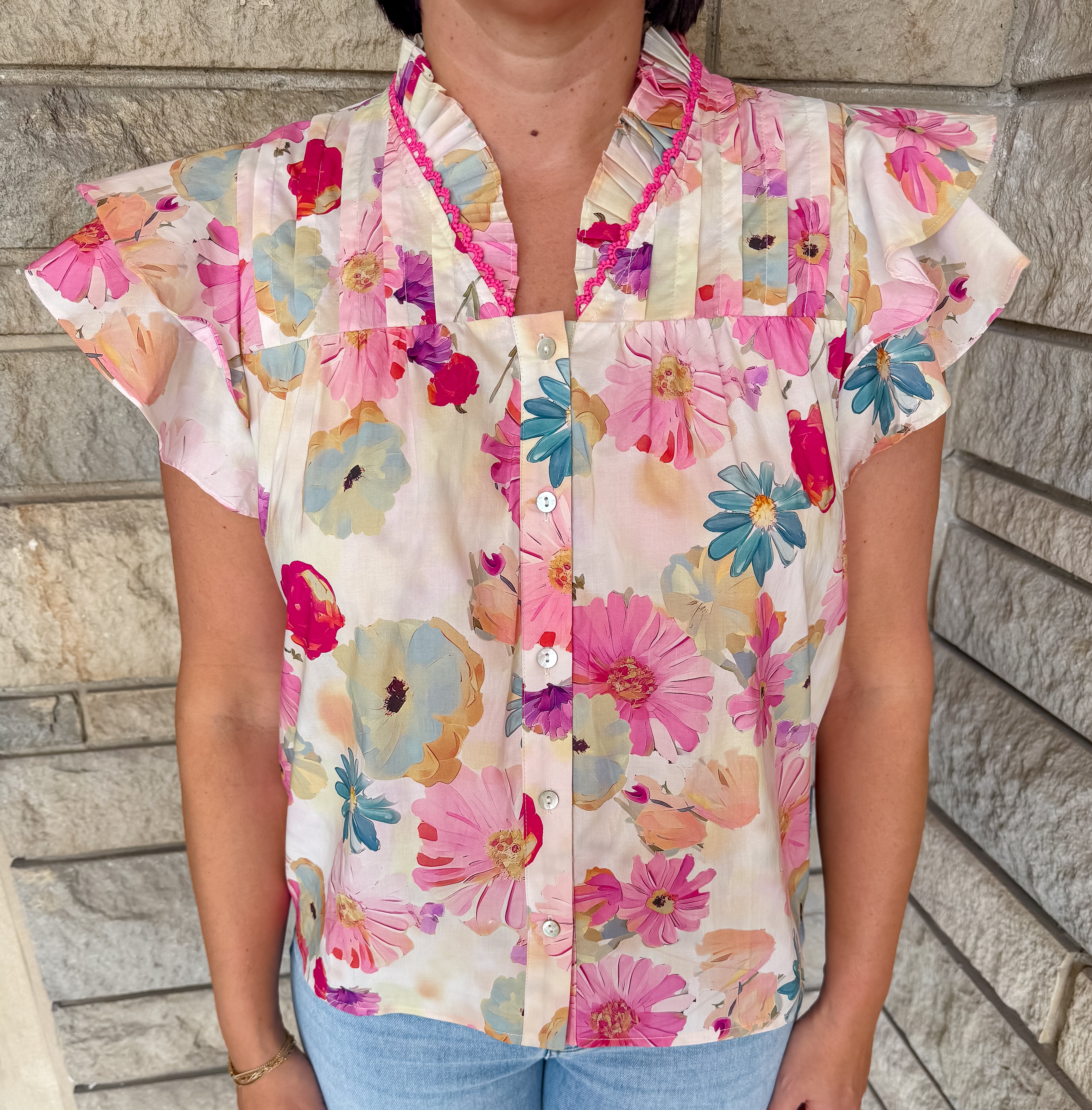 Camila Floral Pleated Button Top
