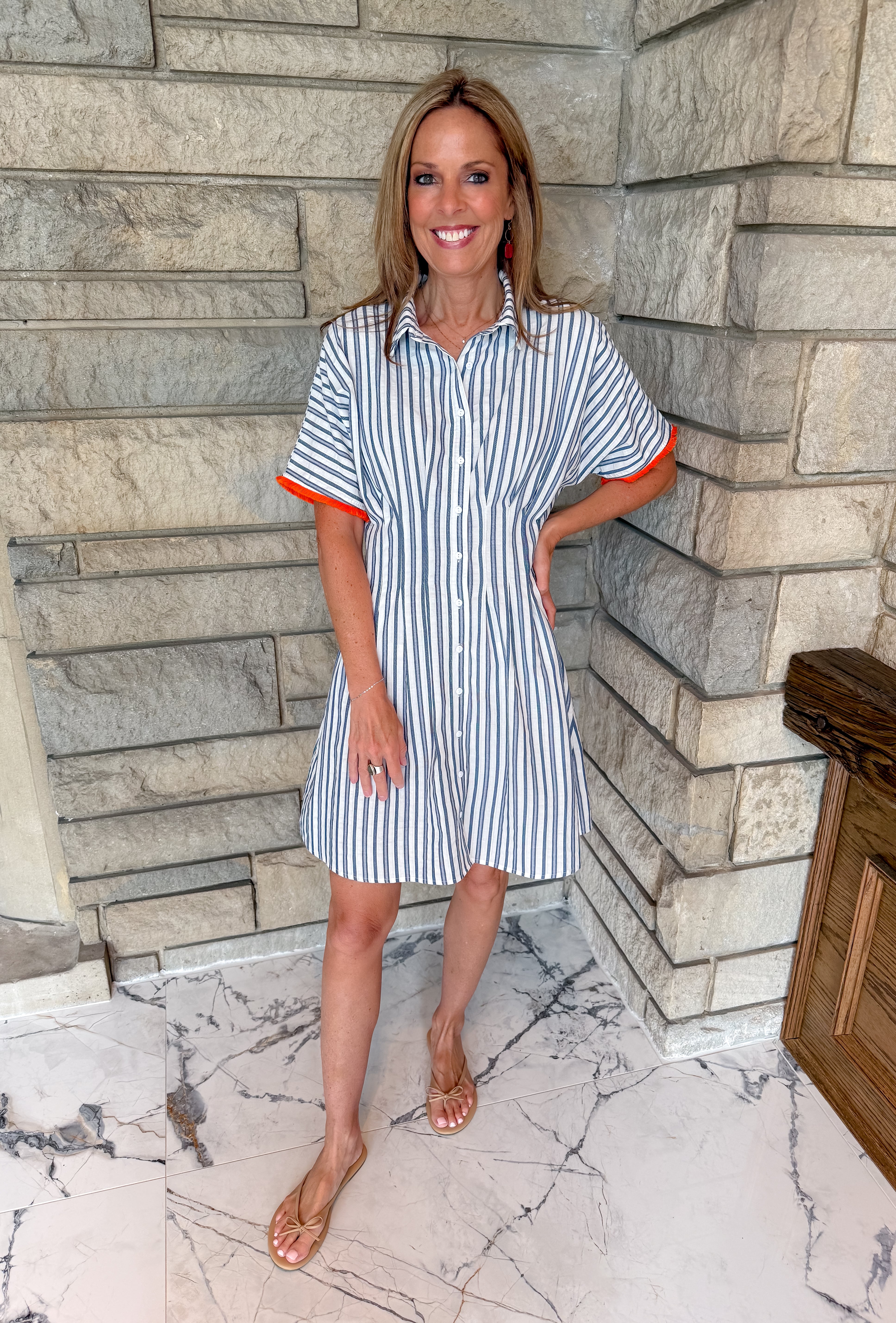 pinstriped shirt dress
navy stripe button dress pintuck waist
orange fringe cuffs