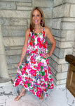 bright pink floral maxi skirt
elastic waist
tiered bottom