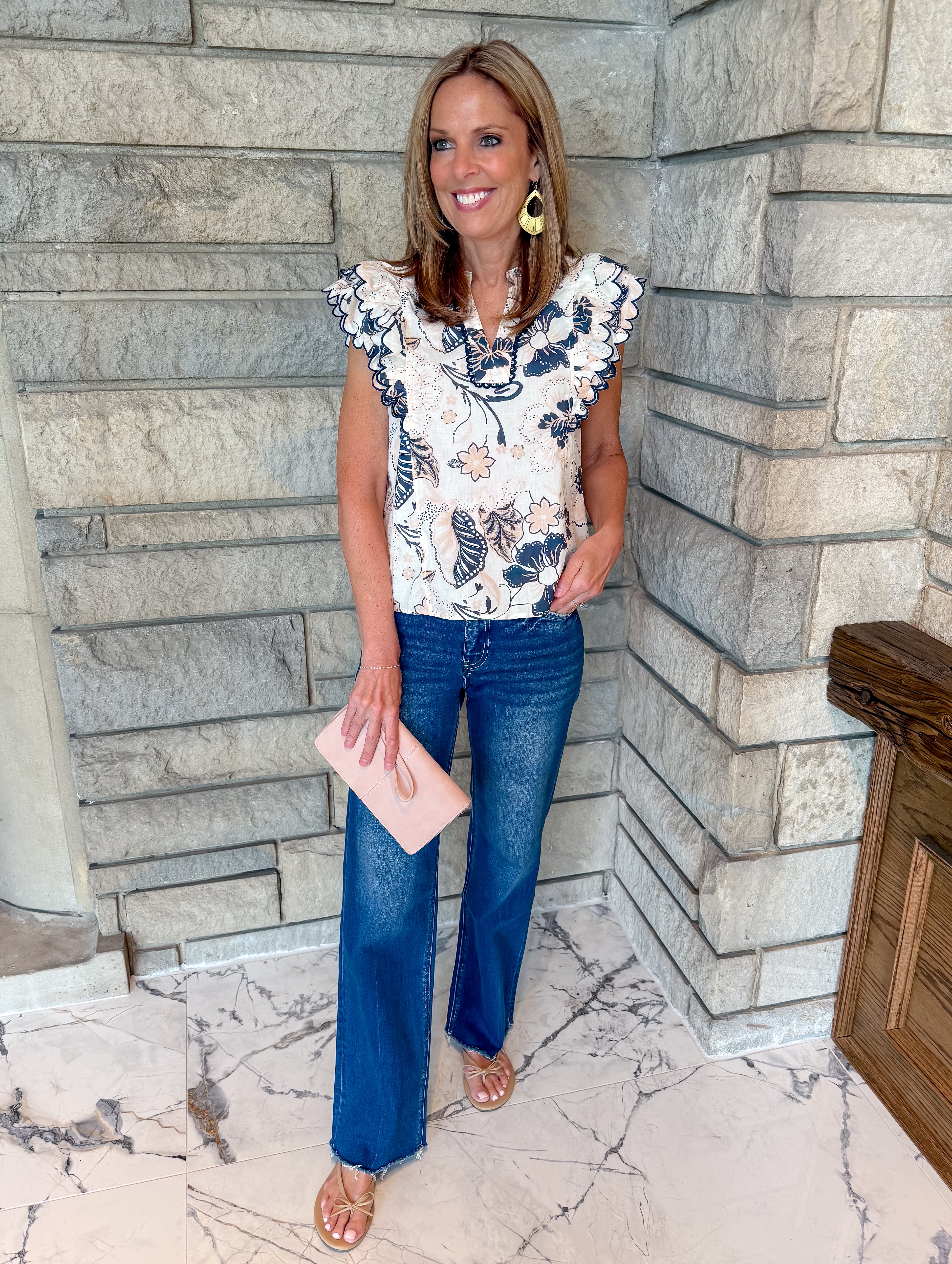 cream blouse with navy and blush flowers
scallop ruffle shoulders
split v neck