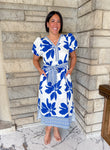 white dress with royal blue flowers
contrast trim
self tie
short bubble sleeves
midi length